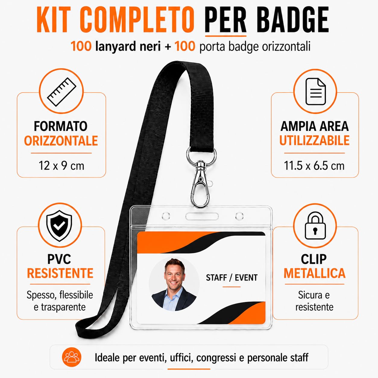 Set 100 Lanyard Neri + 100 Porta Badge Orizzontali 12 x 9 cm | Poliestere 2 cm x 46 cm, gancio metallico 4 cm, PVC trasparente, apertura superiore, lettura RFID e QR senza estrarre la tess
