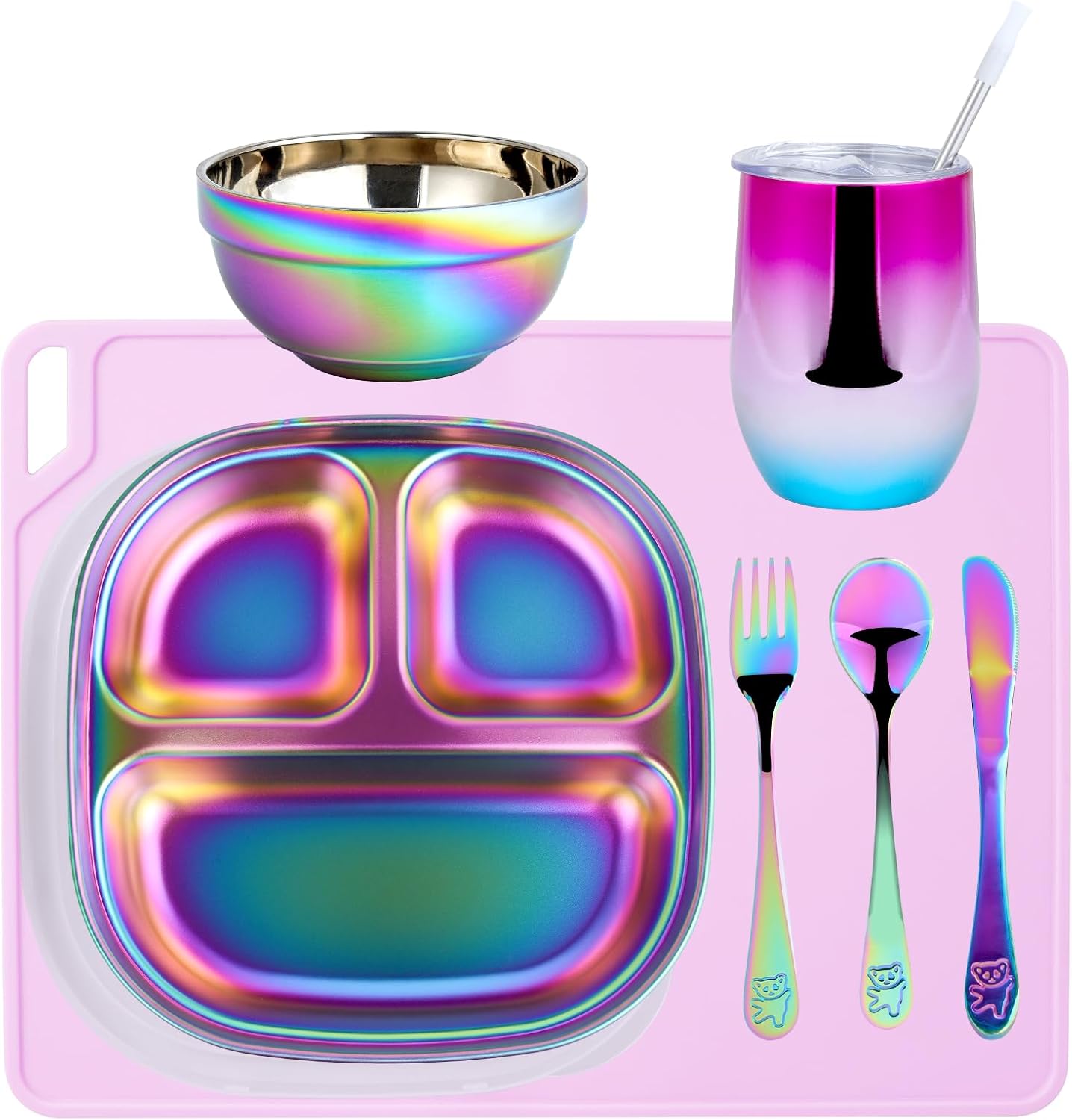 Stainless Steel Plates Set, Green Placemats Pink