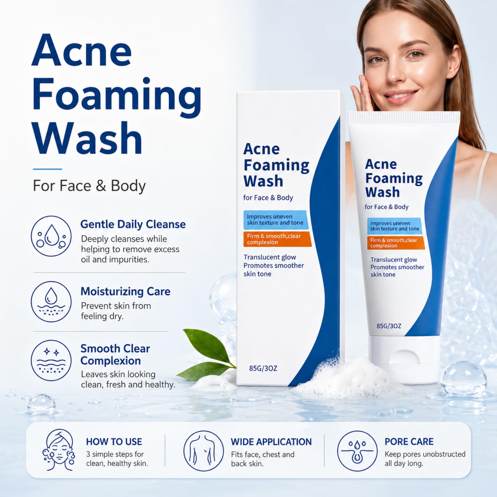 Schiuma detergente anti-acne viso corpo levigante pori 85g | Adatto per viso, petto e schiena, sboccia pori, schiuma morbida liscia e unifica la carnagione