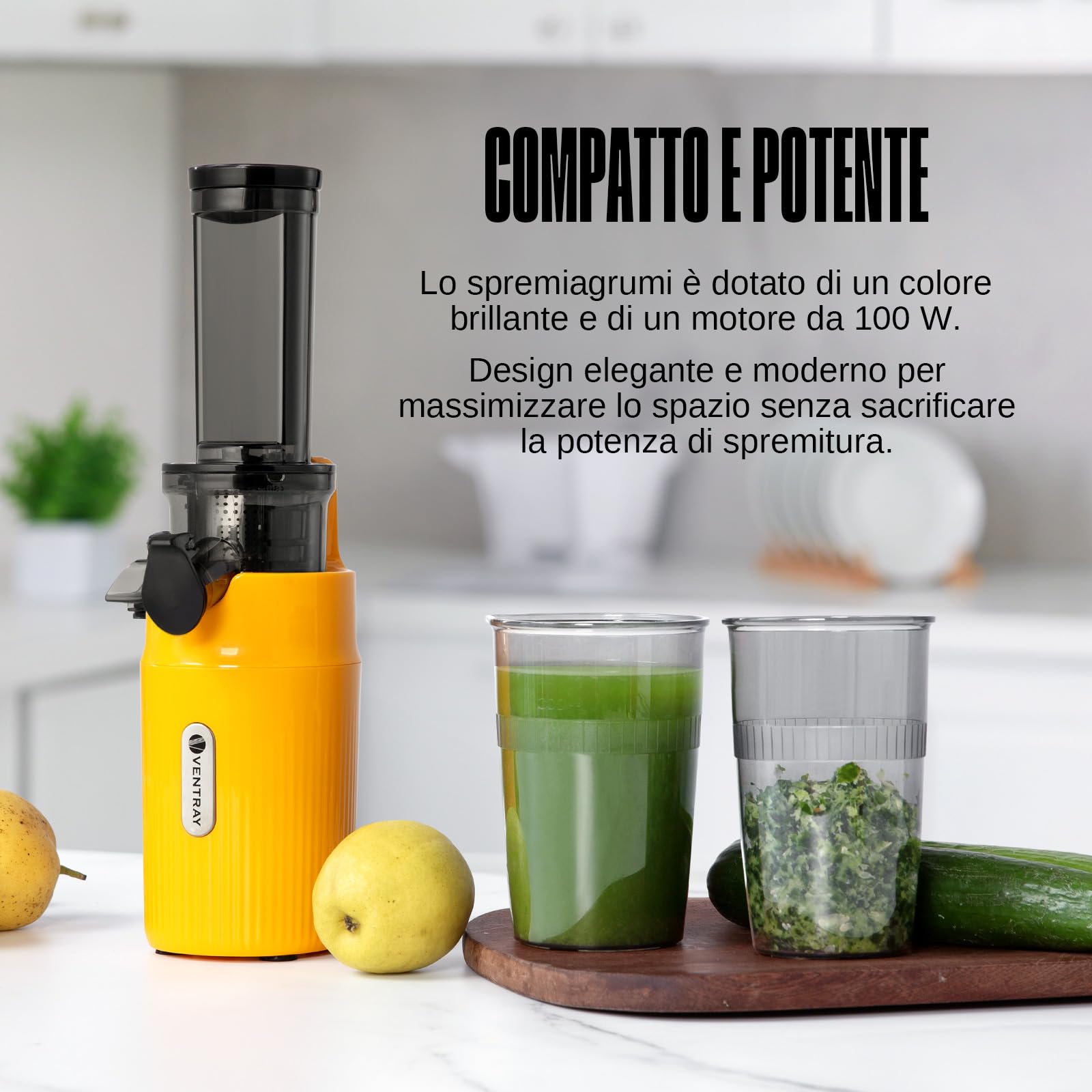 Ventray Ginnie Estrattore Frutta e Verdura - Slow Juicer 60 Giri/Min- Estrattore di Succo con Funzione di Masticazione Inversa, Facile da Pulire, Senza BPA, Cold Press, Spremiagrumi Elettrico, Giallo