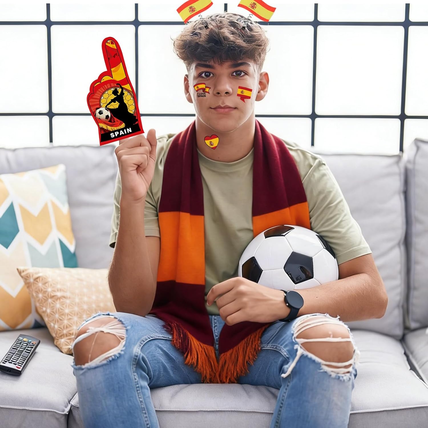 2026 Spain Soccer Party Favors,Bekecidi Soccer Event Party Foam Hand, Football Face Temporary Tattoos, Soccers Tournament Flag Headband, Sports Soccers Theme Party Decorations