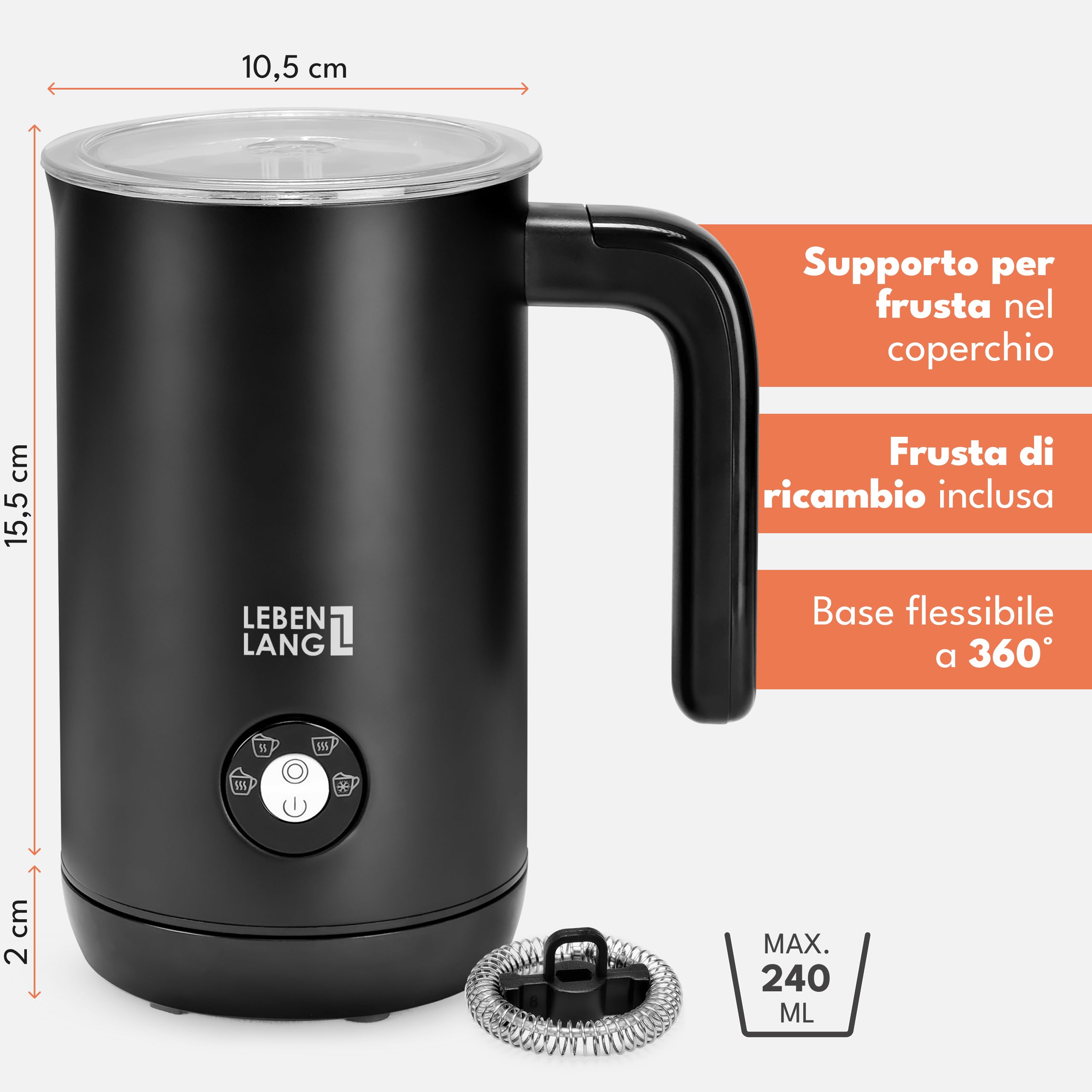 Montalatte Elettrico Keplin - Frusta A Mano Per Caff&egrave; E Latte, Nero, A Batteria AA