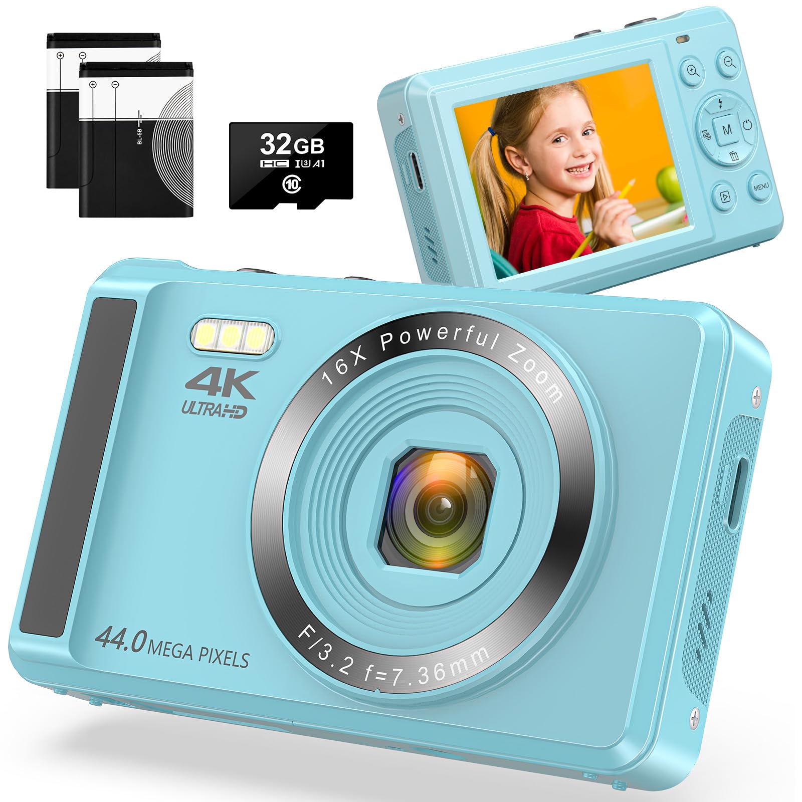 Digital Camera 4K 44MP Compact Digital Camera with 32GB SD Card for Photography, Autofocus Portable Mini Camera for Boys, Girls Kids Beginners, Teens with 16X Digital Zoom and 2 Batteries