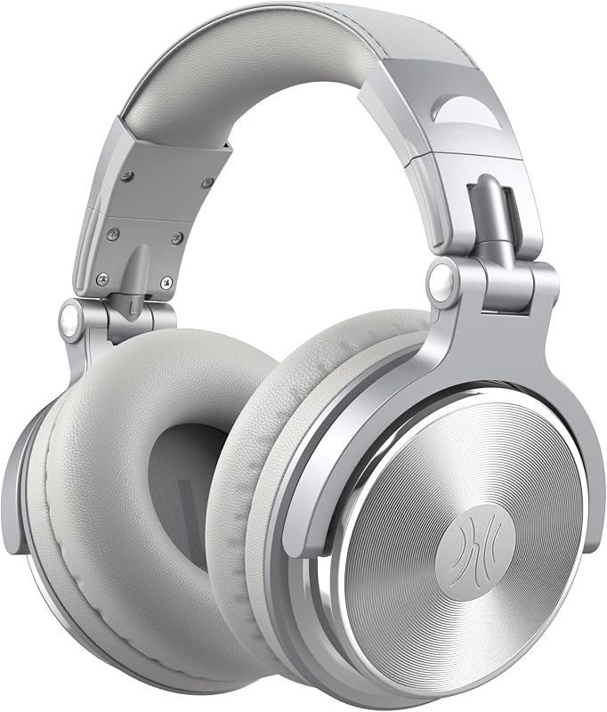 Over Ear Headphone, Wired Bass Headsets with 50mm Driver, Foldable Lightweight Headphones with Share Port and Mic for Recording Monitoring Mixing Podcast Guitar PC TV (Silver)