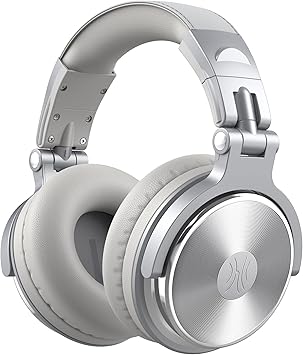 OneOdio Over Ear Headphone, Wired Bass Headsets with 50mm Driver, Foldable Lightweight Headphones with Share Port and Mic for Recording Monitoring Mixing Podcast Guitar PC TV Silver