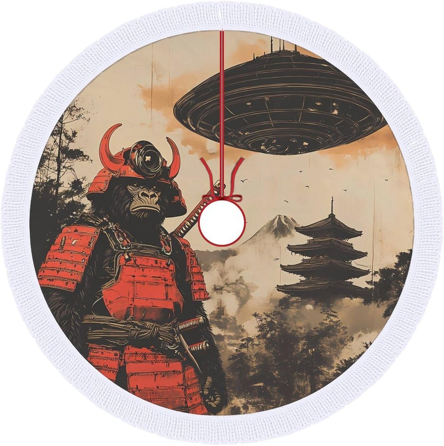 Japanese Chimpanzee Samurais Monkey Christmas Tree Skirt Round Xmas Tree Mat Ornaments Tree Skirts with Tassels for Holiday Party