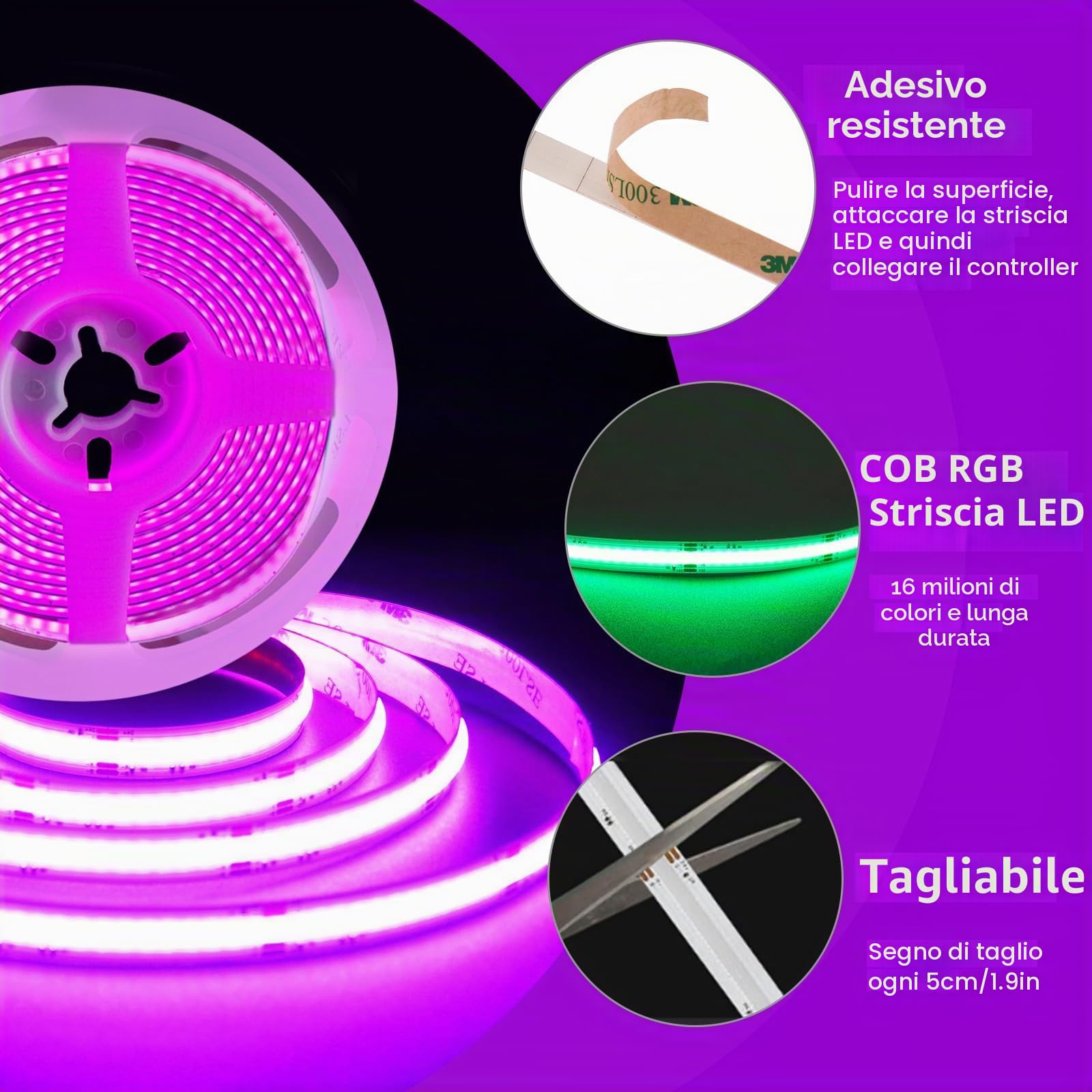 Striscia Led RGB 5 Metri COB, Fancy LED TV Retroilluminazione Intelligente App Telecomando Control,840LED/m 24V Music Sync Bluetooth Luci Strisce LED Adesive Colorate per Camera,Feste,Gaming