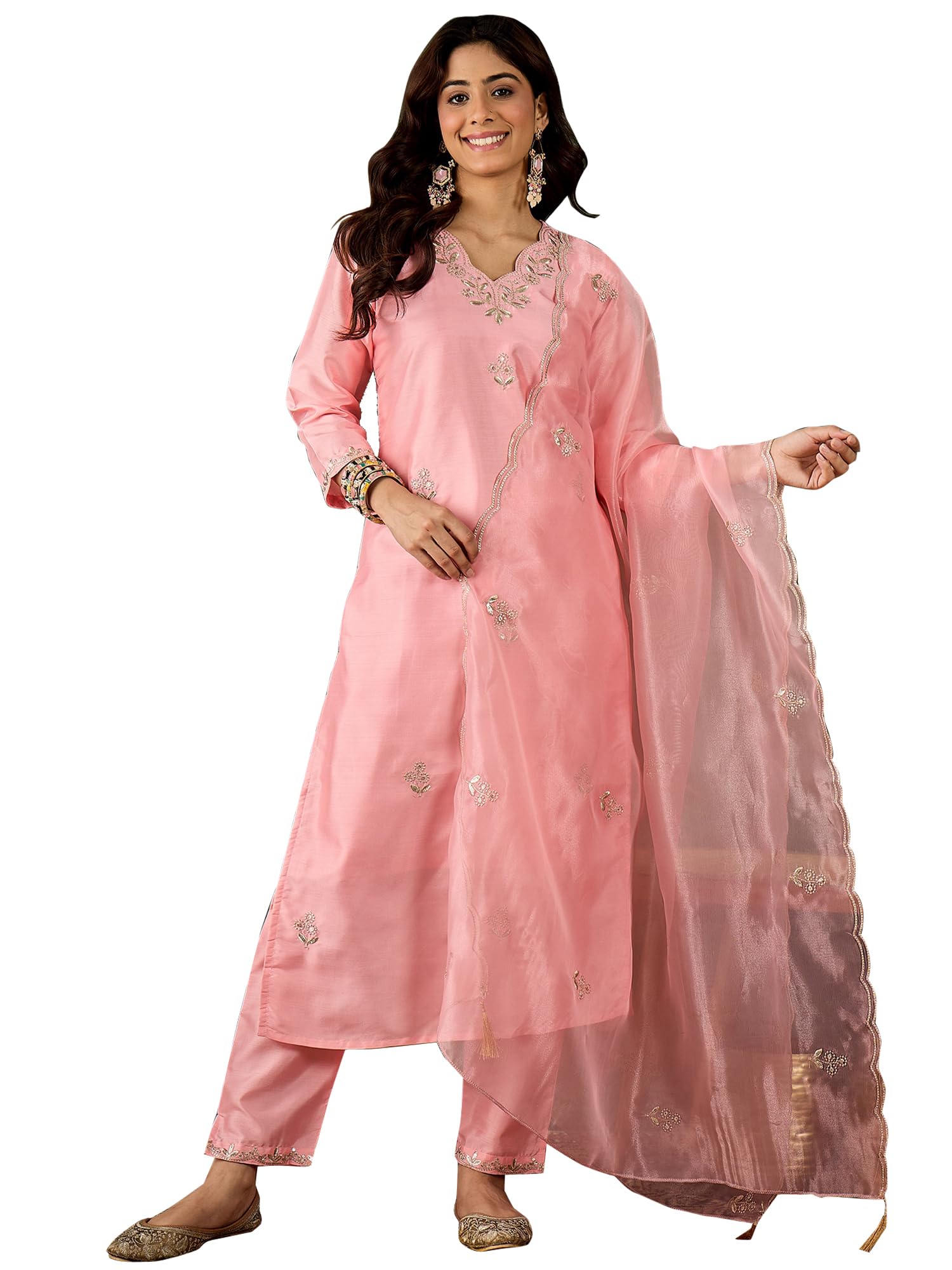 VredeVogel Women's Ethnic Wear Embroidered Silk Blend Kurta Pant Set with Organza Dupatta | Festive & Casual Summer Kurti with Pants for Party Office & Ethnic Occasions