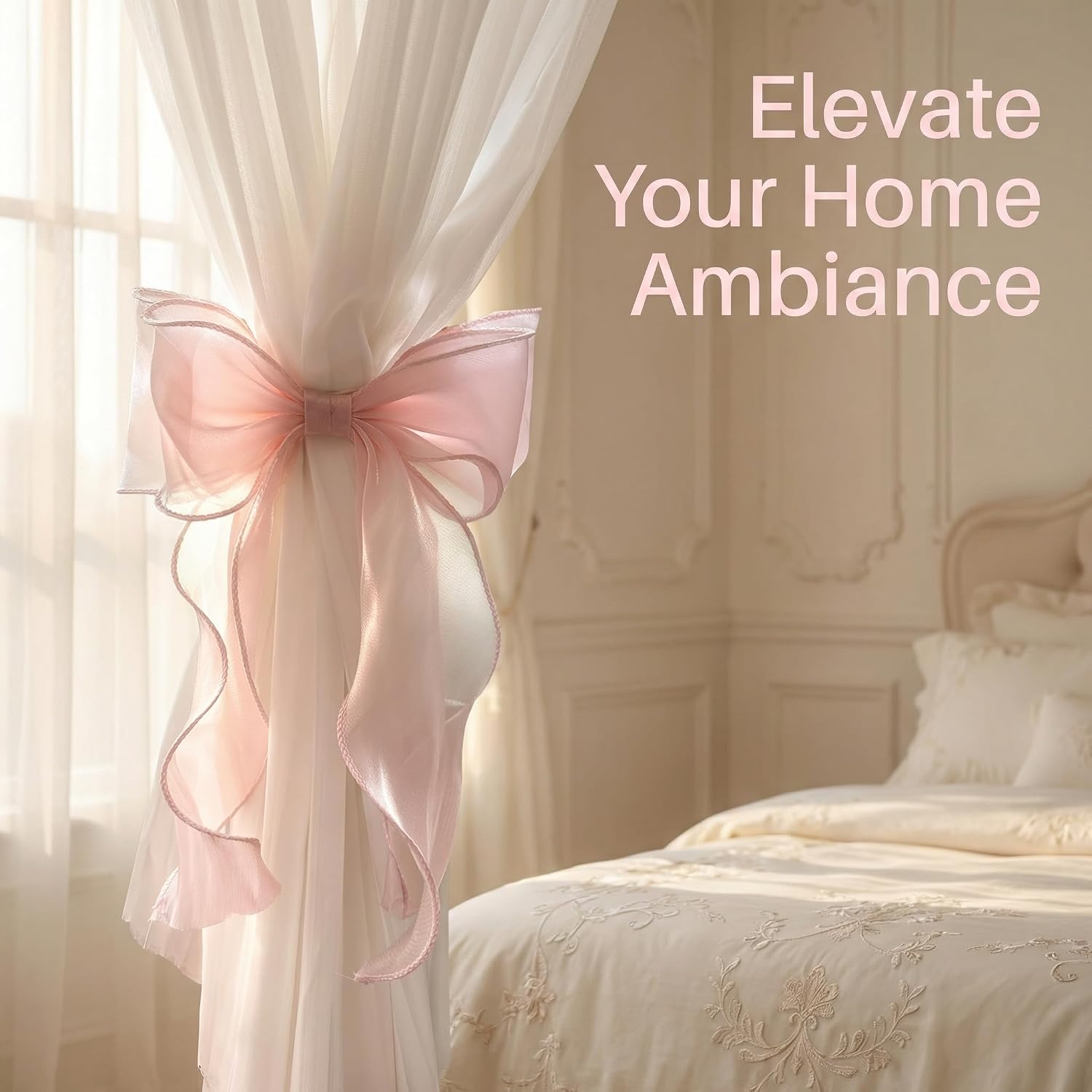Cute Pink Bow Curtain Holdbacks (2 Pack), Punch-Free Sheer Drapery Tiebacks, Elegant No-Drill Window Decor for Bedroom & Living Room