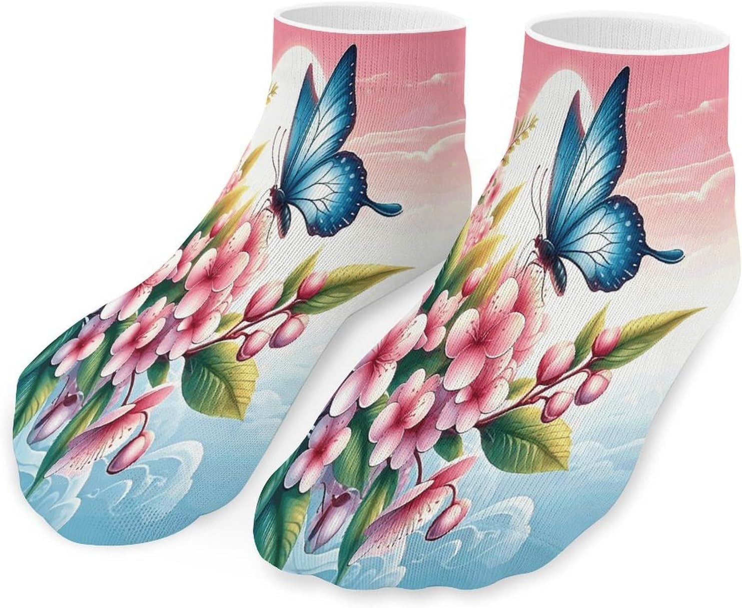 Pink Flowers And Blue Butterflies 5Pairs Low Cut Ankle Socks for Women No Show Casual Breathable Athletic Socks for Sport