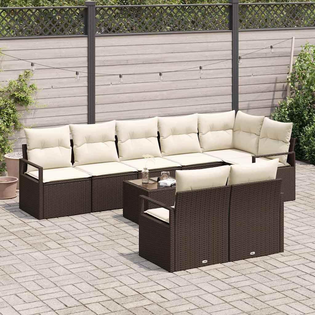 Modułowa sofa ogrodowa z polirattanu, 9-częściowy, w kolorze brązowym i kremowym, odporna na warunki atmosferyczne, zestaw do ogrodu tarasowego, elastycznie dopasowywany układ siedzisk z