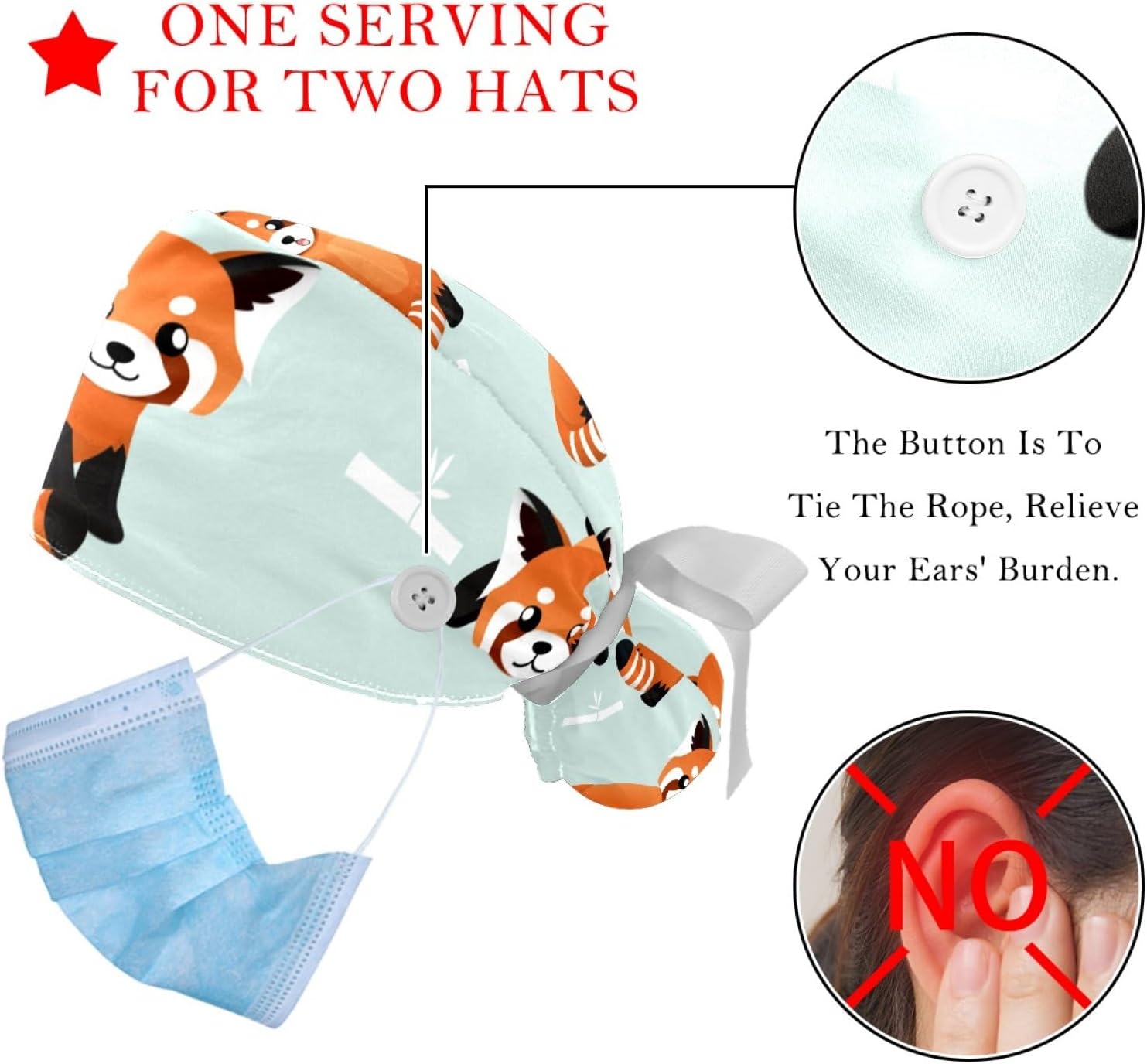2 Packs 4om0lw Cute red Panda and Bamboo Scrub Cap, Adjustable Tie Back Hat, One Size Working Head Cover