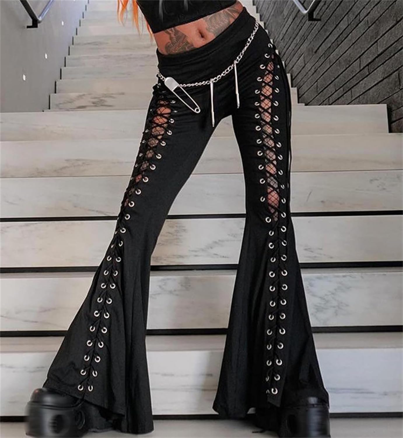Y2k Bell Bottom Pants for Woman Gothic Black Lace-Up Cutout Stretch Punk - Image 4