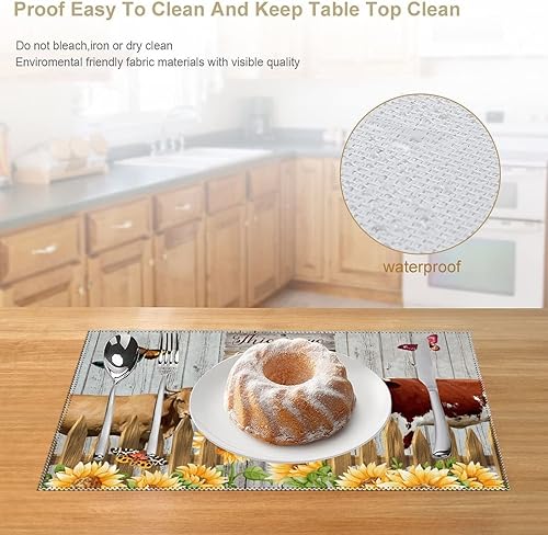 Miniatura 6 de Juego de 4 manteles individuales con diseño de girasol, diseño de vaca y animales de granja con cita familiar This is Our Life, resistente a las