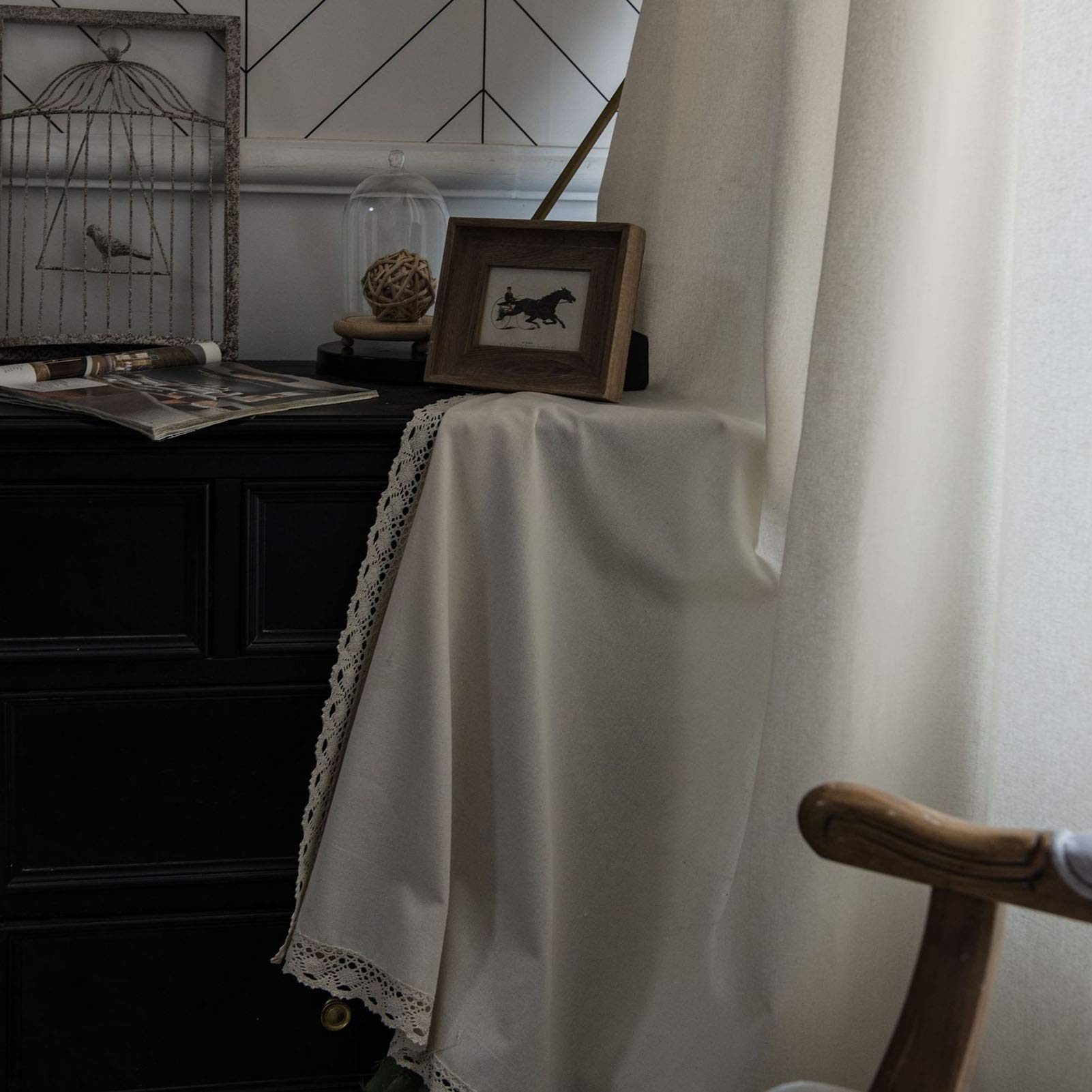 Rideau de tringle en coton lin haut de gamme avec broderie dentelle fine blanc