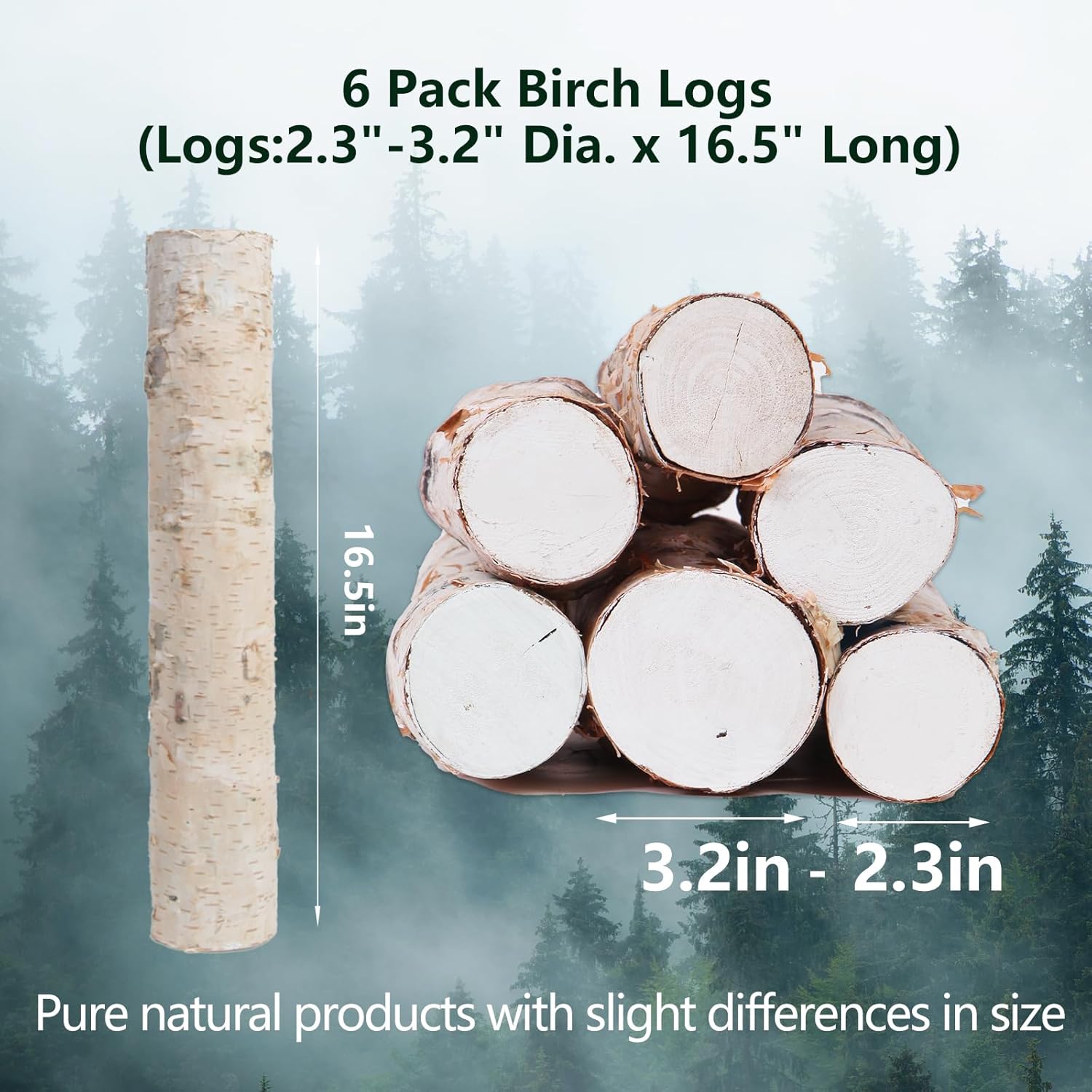 6 pack birch logs decorative birch branches natural birch log for decoration,crafts,diy, fireplace decor firewood(birch logs:2.3"-3.2" dia. x 16.5" length) 6 pcs(2.3-3.2inch)
