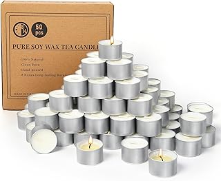Soy Tealight Candles 50 Pack,8 Hours Long Burning Tealights Candles Bulk,Natural Soy Wax Tea Light Candle Paraffin-Free,Unscented Small Tea Candle for Emergency,Dinner