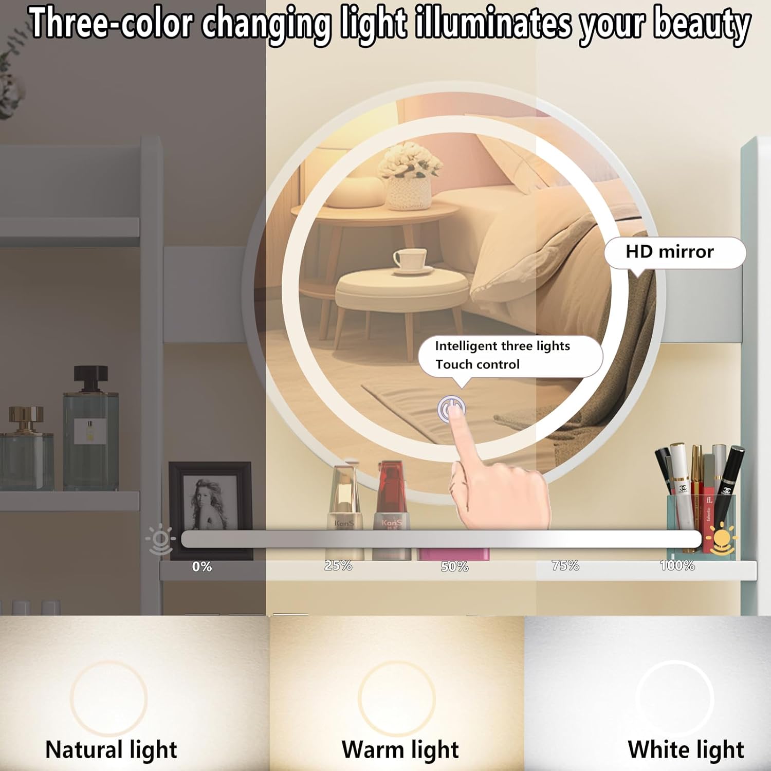 Close-up of the Zeaper dressing table's LED mirror showing natural, warm, and white light settings.