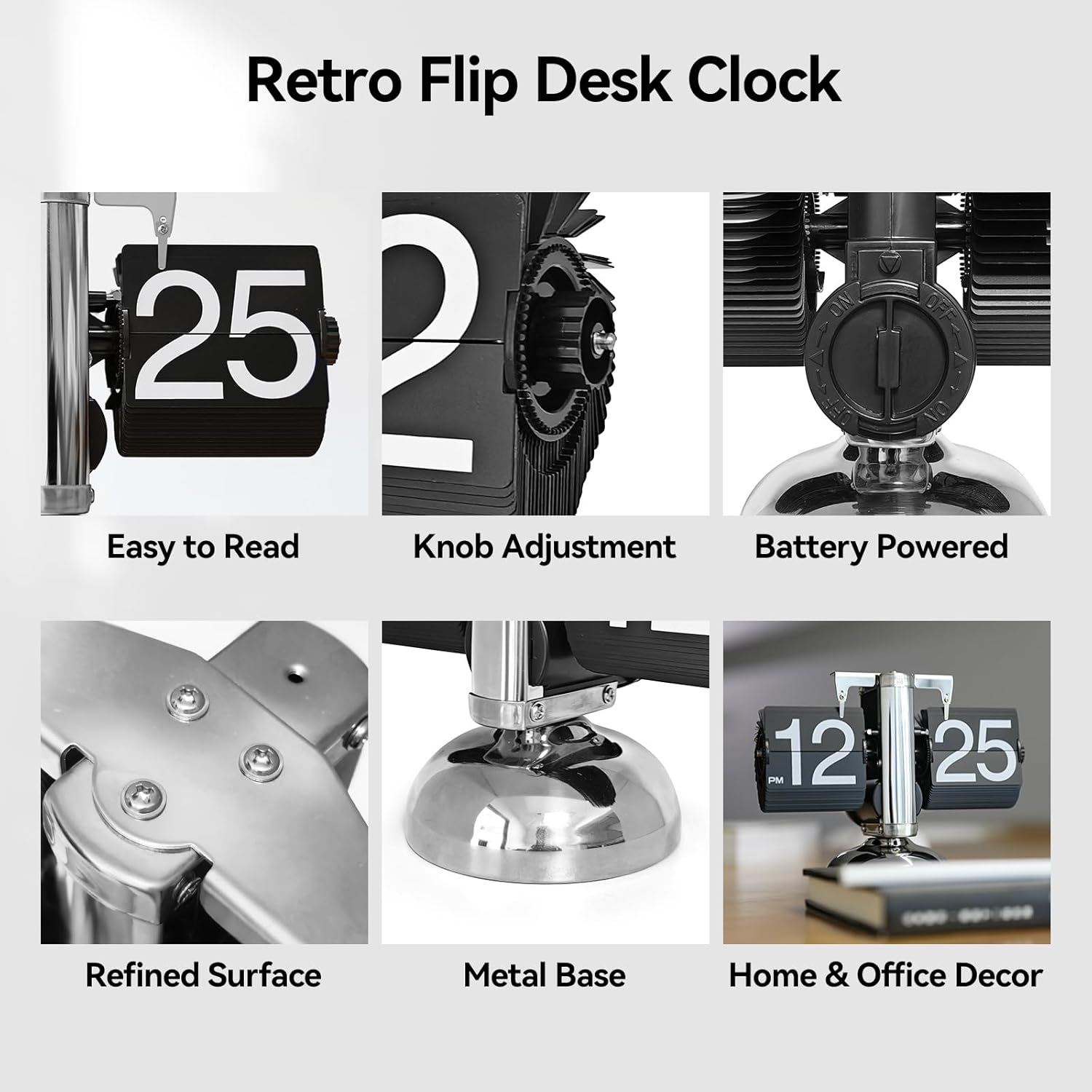 Flip Desk Clock, Retro Vintage Auto Down Clock, Large Number Mechanical Battery Powered Operated Clocks for Home & Office Decor (Black)