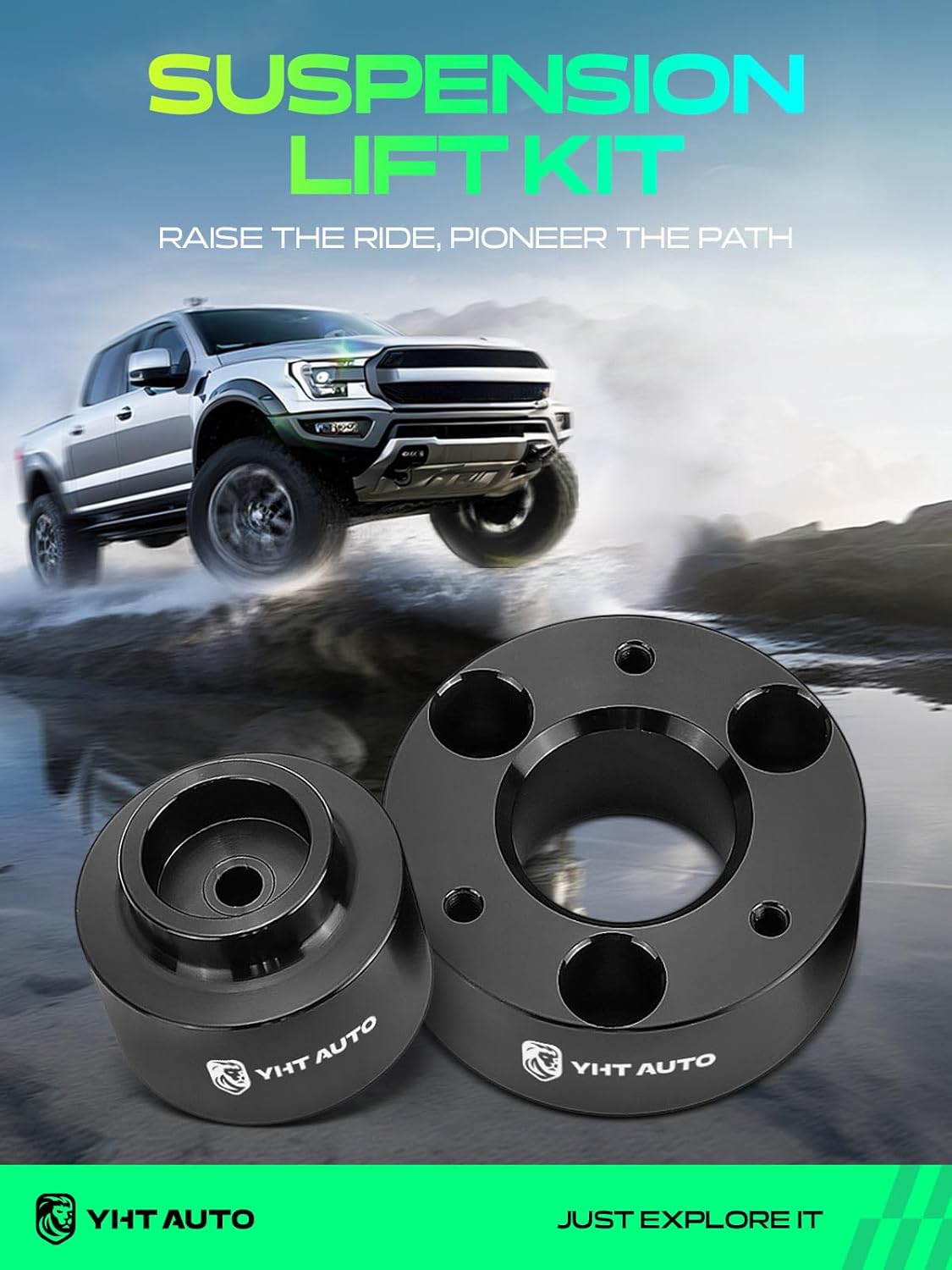 YHTAUTO 3 Inch Front & 2 Inch Rear Leveling Lift Kit Fits 2009-2010 Dodge Ram 1500 | Aluminum Strut Spacers Raise the Front By 3 Inch, the Rear By 2 Inch | 4PCS Suspension Leveling Kit w/Hardware