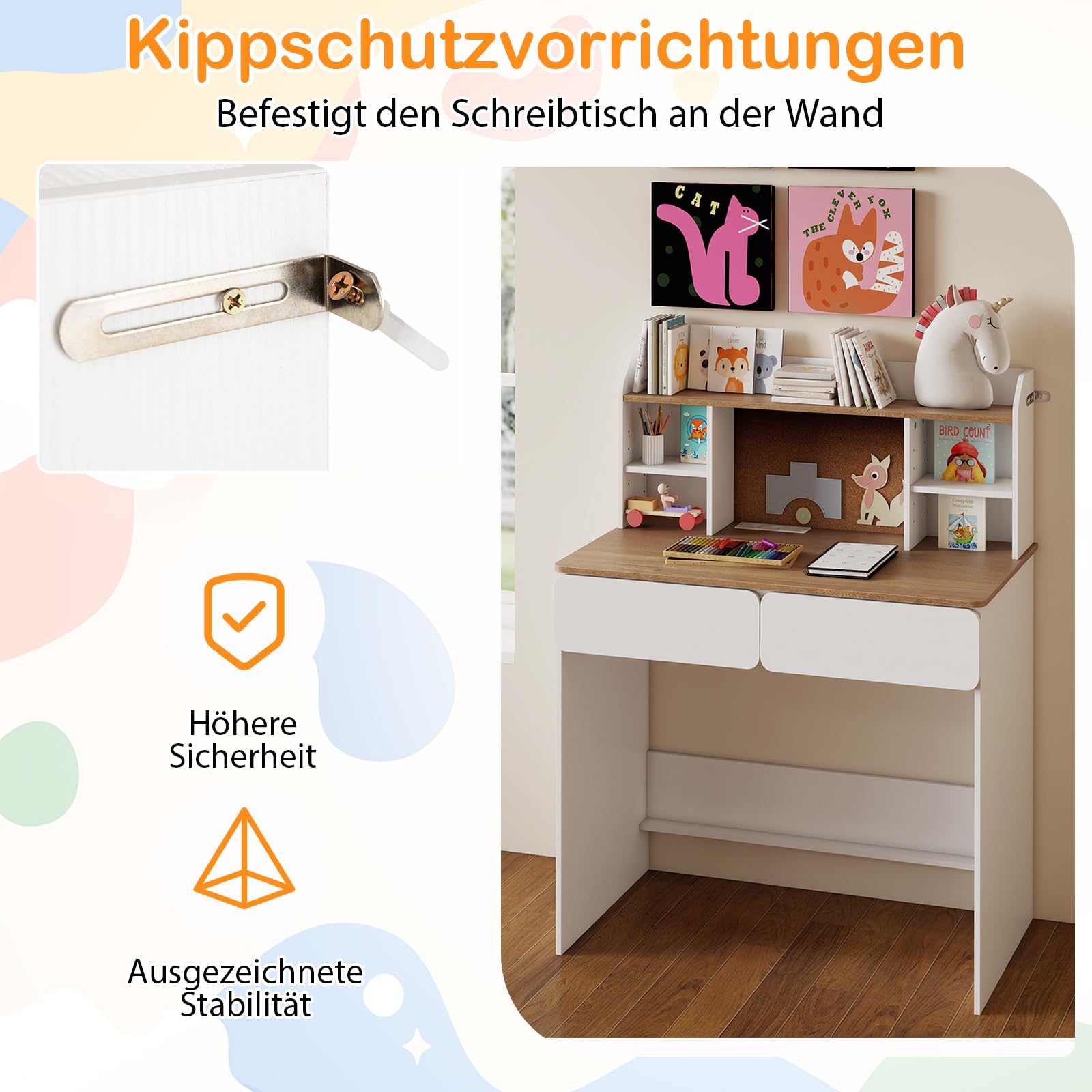 COSTWAY Schreibtisch Kinder mit Ladestation, Kinderschreibtisch aus Holz, Schülerschreibtisch mit Pinnwannd, 2 Schubladen & verstellbaren Regalen, Jugendschreibtisch für Kinder ab 6 Jahren