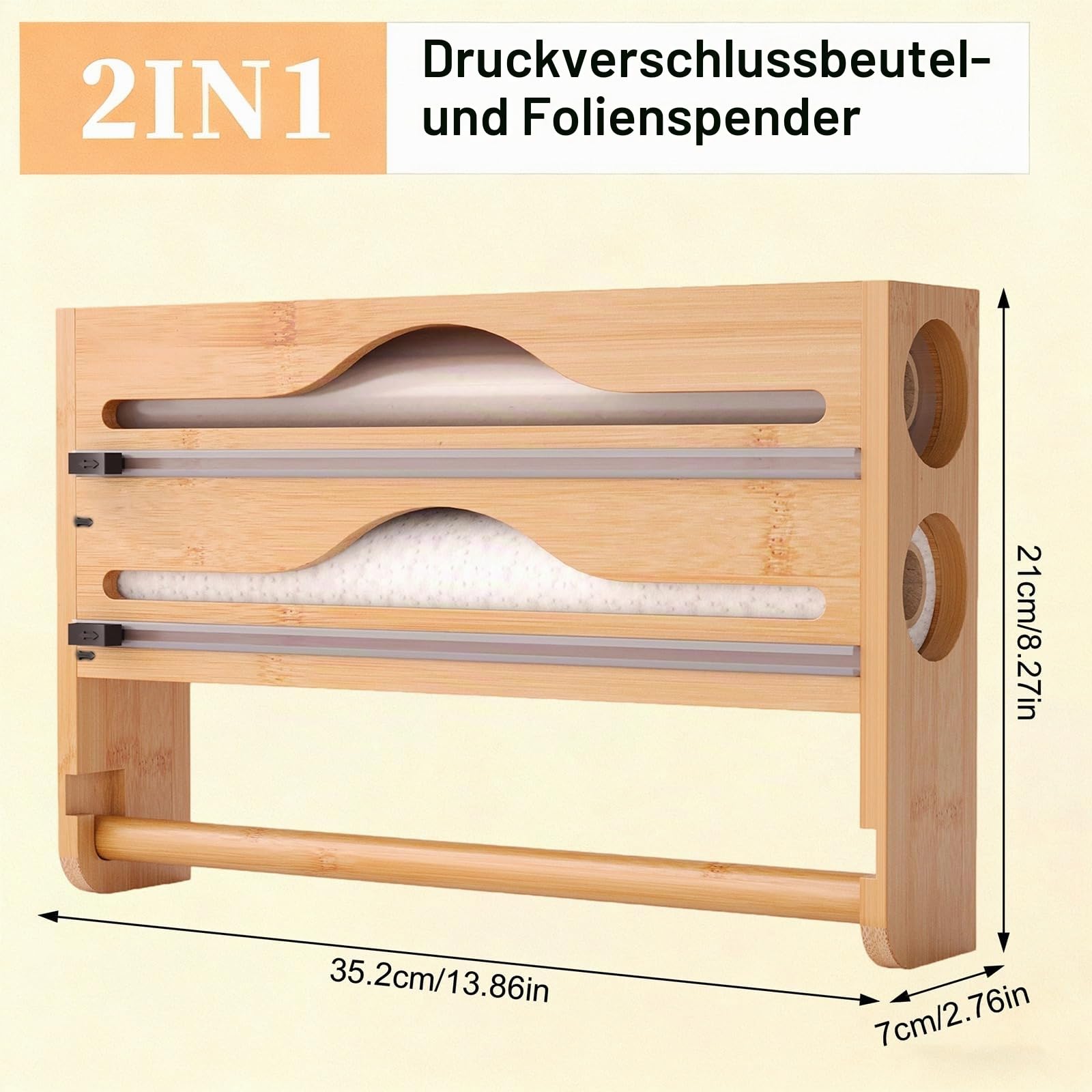 Küchenrollenhalter ohne Bohren – 2-in-1 Bambus Folienabroller mit Papierhalter, Wandmontage, Rundöffnung 5cm, Abnehmbarer Halter für Küchenrolle, Folie & Aufbewahrung (Naturfarbe)