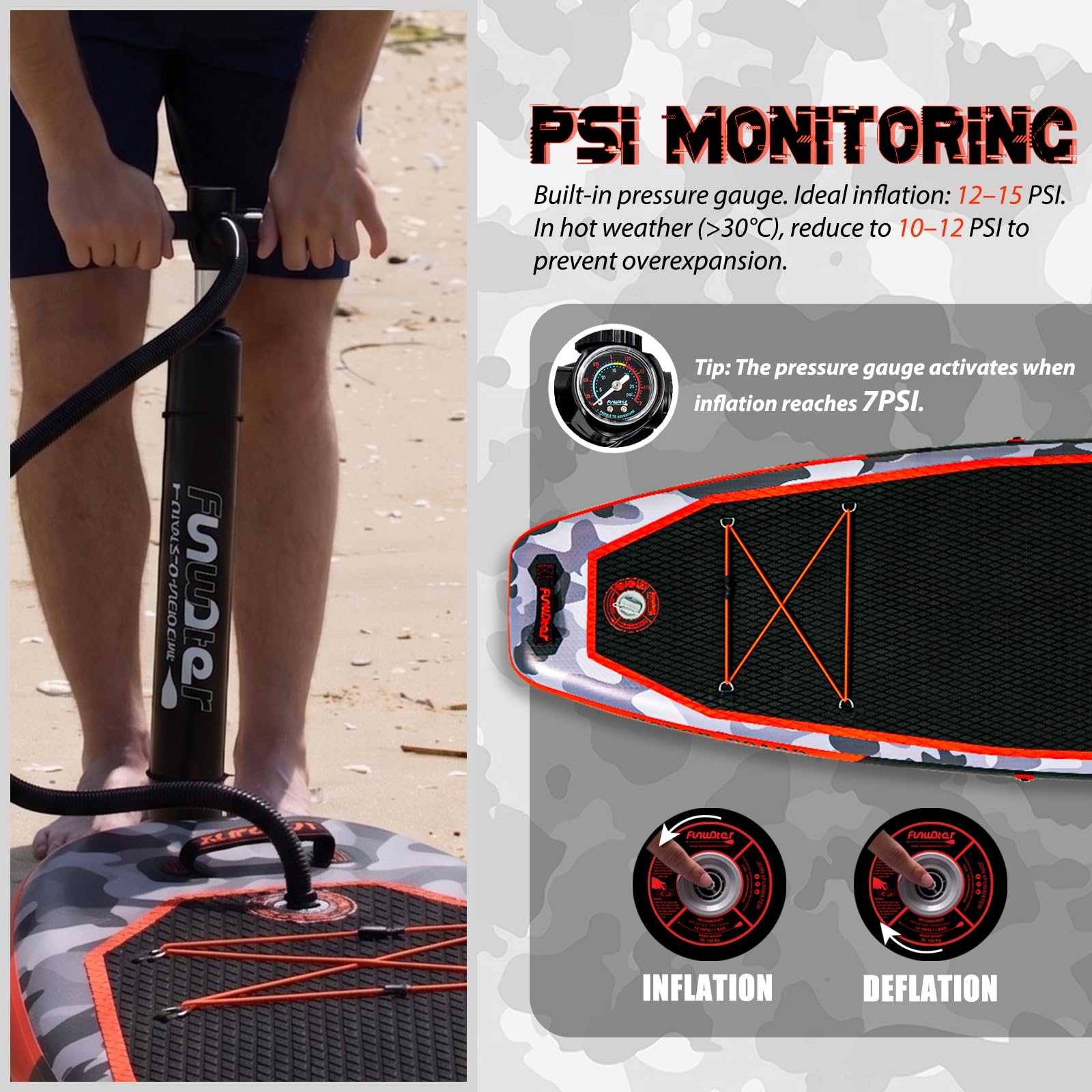 FunWater Nadmuchiwana deska SUP 330 cm – kompletny zestaw z wiosłem, plecakiem, pokrowcem na telefon komórkowy, 3 płetwami, pompką, siedziskiem i paskiem na ramię – deska SUP dla początkujących i