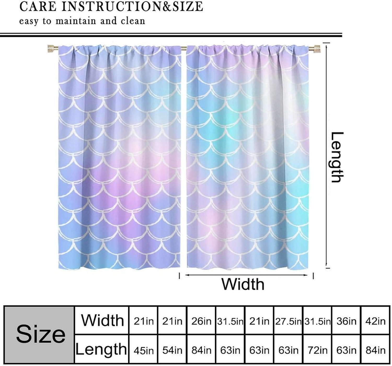 Mermaid Curtains, Cartoon Watercolor Pastel Sea Animal Mermaid Princess Scale Blackout Windows Treatments, Thermal Insulated Drapes For Kids Girls Bedroom Nursery Childcare Rooms Bathroom 42x54in