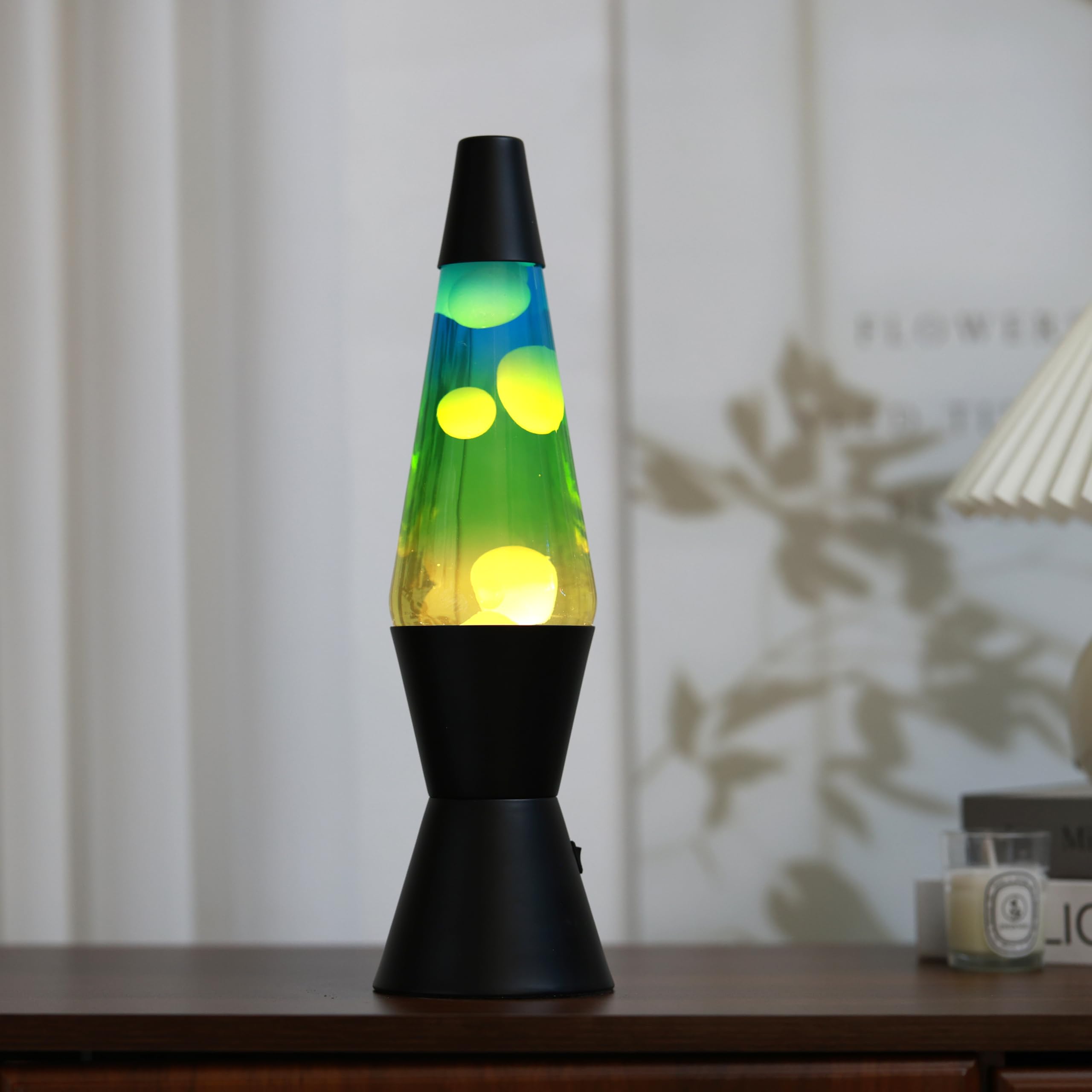 I-TOTAL® - LED-Lavalampe – Modernes Design mit fließendem Blaseneffekt, geringer Energieverbrauch, integriertes LED-Licht, 37 cm (Schwarzer Sockel, Gelb-Blau-Effekt)