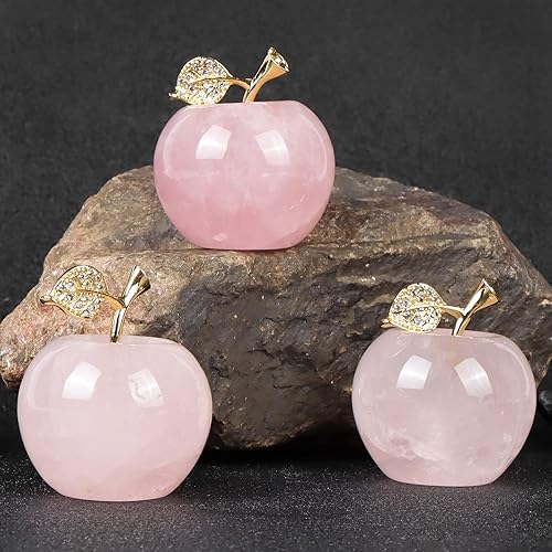 Miniatura 5 de SMQ Estatuilla de manzana con cristal de cuarzo rosa de 1.5 pulgadas, con hoja dorada, bonitos cristales tallados, estatua de manzana, piedra
