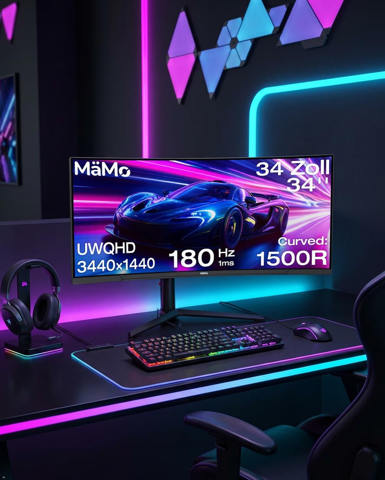 Gaming Monitor, 65W USB-C: 34 Zoll Curved 180Hz 4K | 4K (3440 x 1440 UWQHD) Ultrawide 21:9 Monitor Gaming 1500R VA. 180Hz, 1ms, 99% sRGB. HDMI 2.1, DP 1.4, RGB, höhenverstellbar