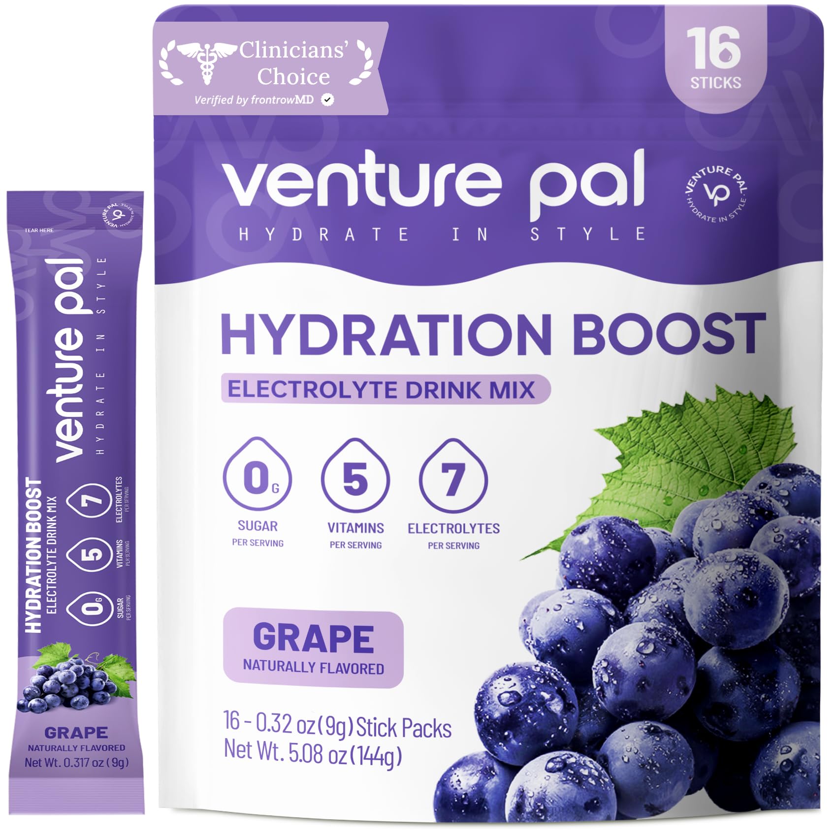 Venture Pal Sugar Free Electrolyte Powder Packets - Liquid Daily IV Drink Mix for Rapid Hydration & Party Recovery | 5 Vitamins & 7 Electrolytes| Keto Friendly | Non-GMO | Certified Vegan | 16 Sticks