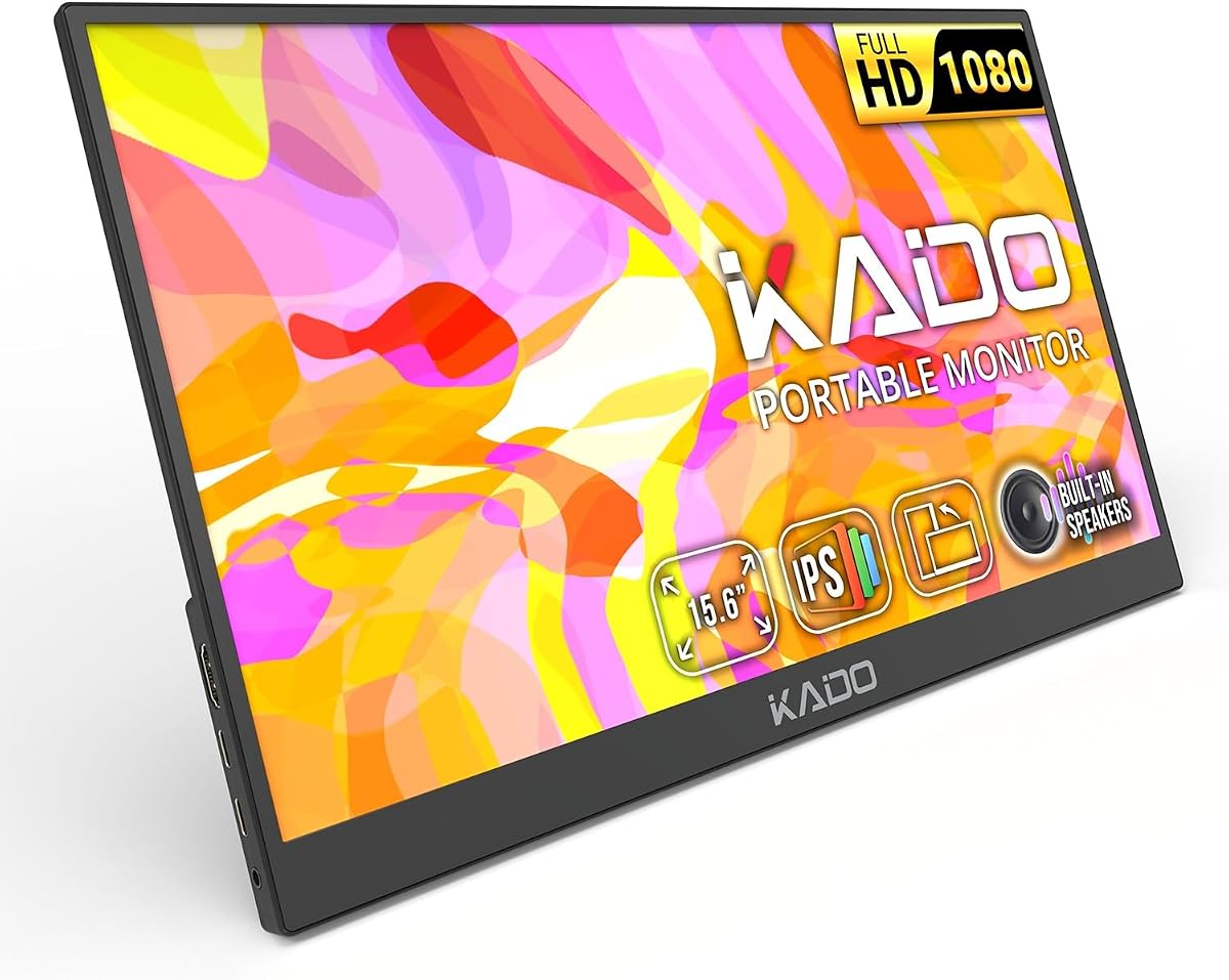 Kado Portable Monitor 15.6-Inch FHD 1920x1080 USB-C HDMI IPS Display | 45W Reverse Charging, Gaming Monitor Built-in Speakers, Second Display Kickstand for Laptop PC Phone Mac Xbox PS4/PS5 Switch