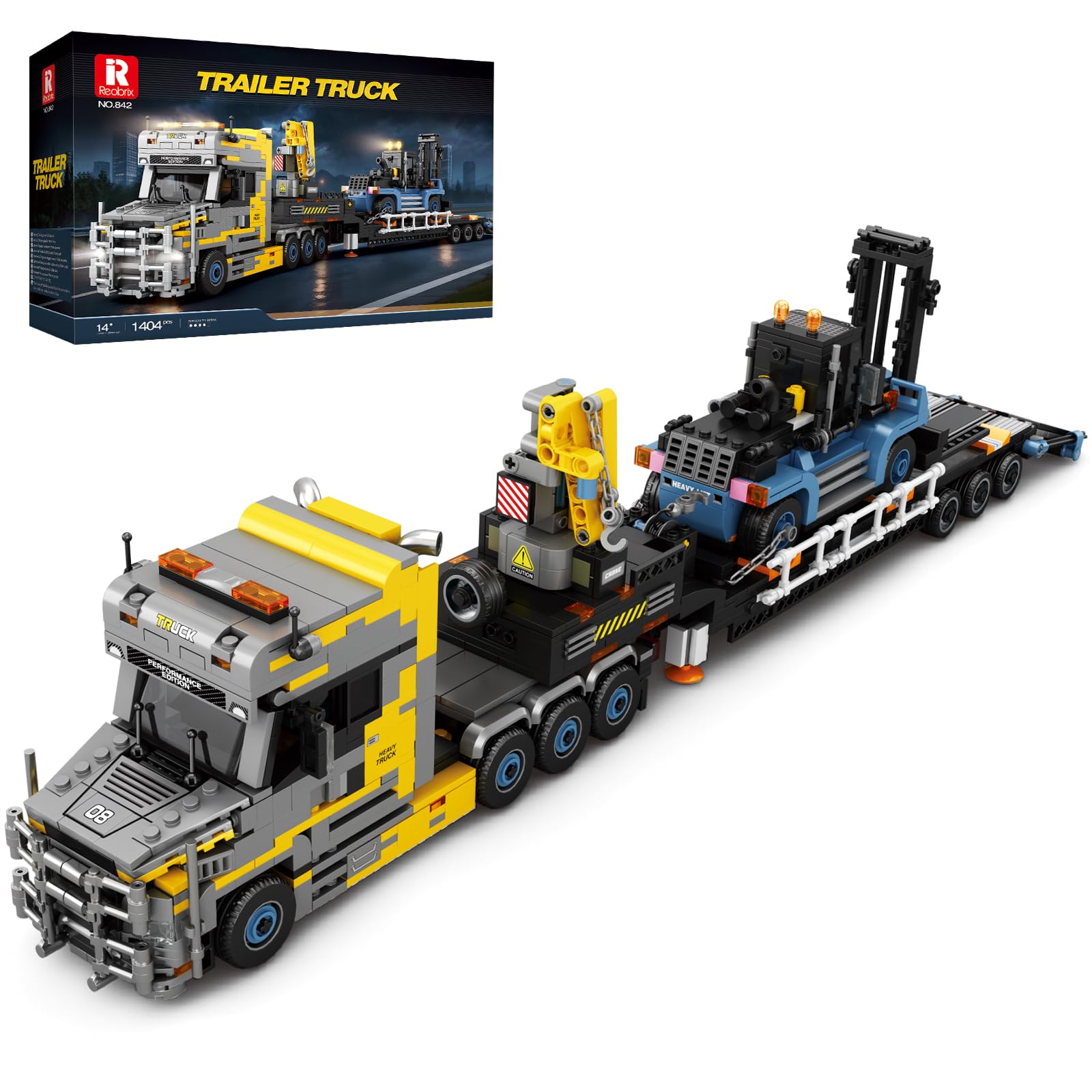 Reobrix Heavy Duty Trailer Truck Model Kit, 1404 PCS Crane