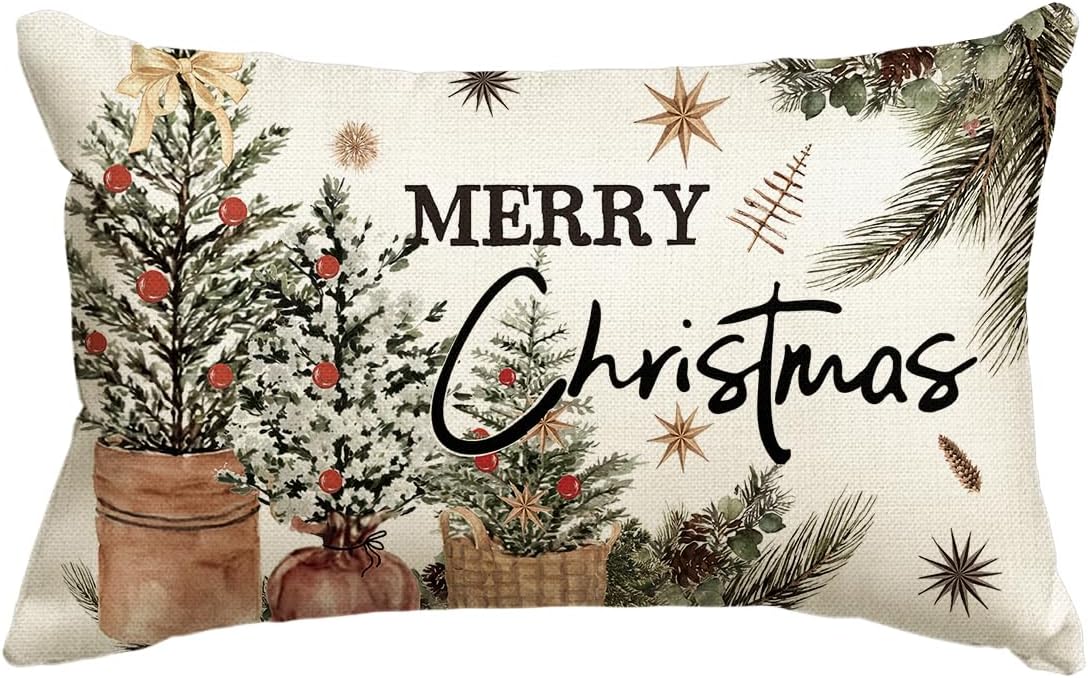 AVOIN colorlife Merry Christmas Eucalyptus Red Berries Throw Pillow Cover, 12 x 20 Inch Winter Holiday Cushion Case Decoration for Sofa Couch 20" x 12" (Pack of 1)