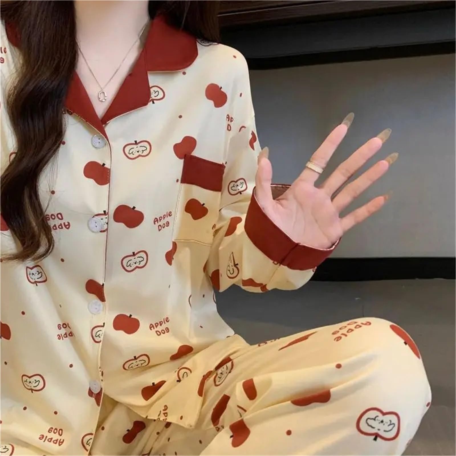 Conjunto de Pijama for Mujer con Estampado Lunares Manzana Dibujos Animados Primavera/otoño, Ropa Dormir Informal Dulce, Suave y cómoda Dos Piezas para Descanso en casa