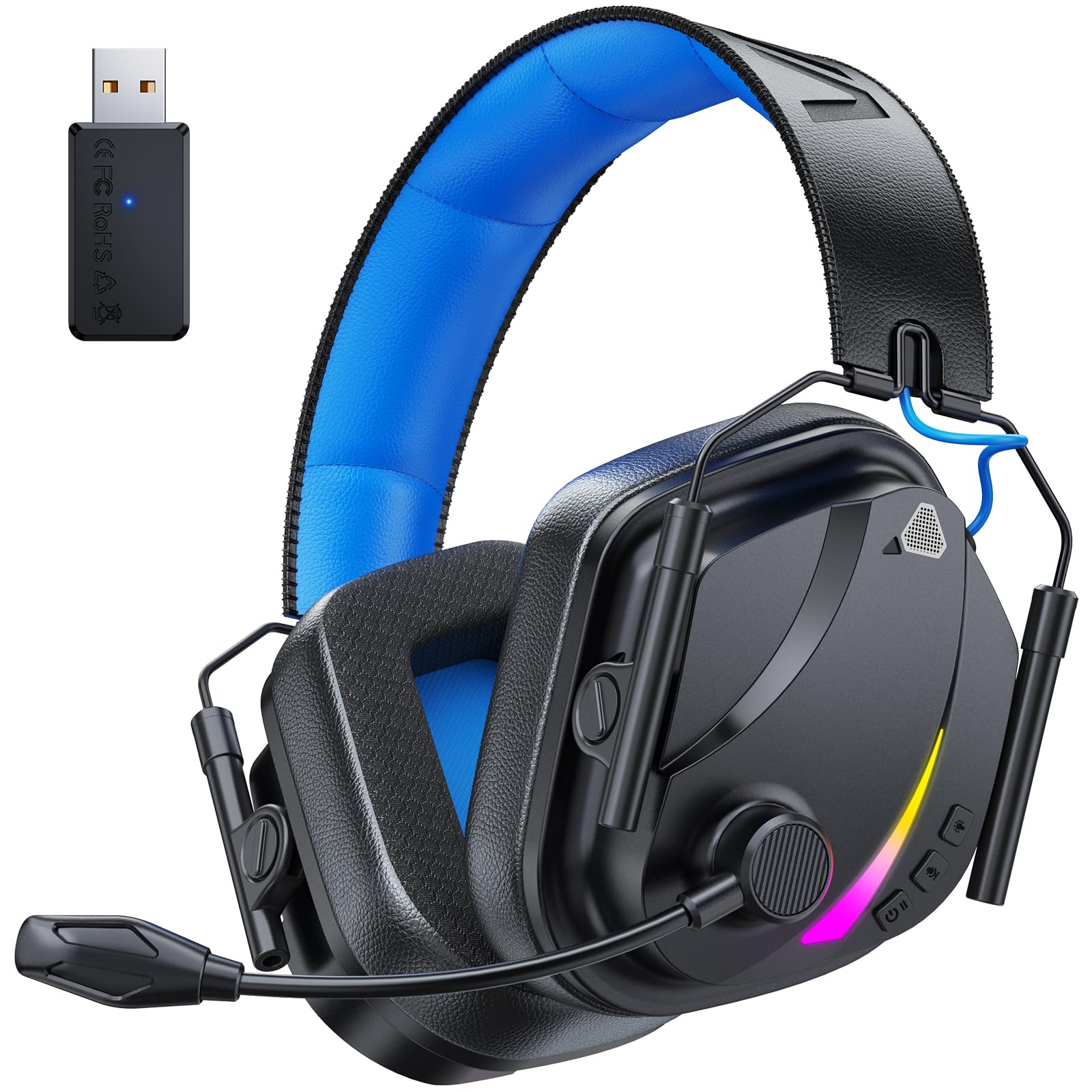 Vakedy HW12 - Auriculares inalámbricos para juegos para PS5/PS4/PC/Switch/Mac, 2.4 GHz de baja latencia y auriculares Bluetooth 5.2, controladores de 50 mm, micrófono con cancelación de ruido, RGB