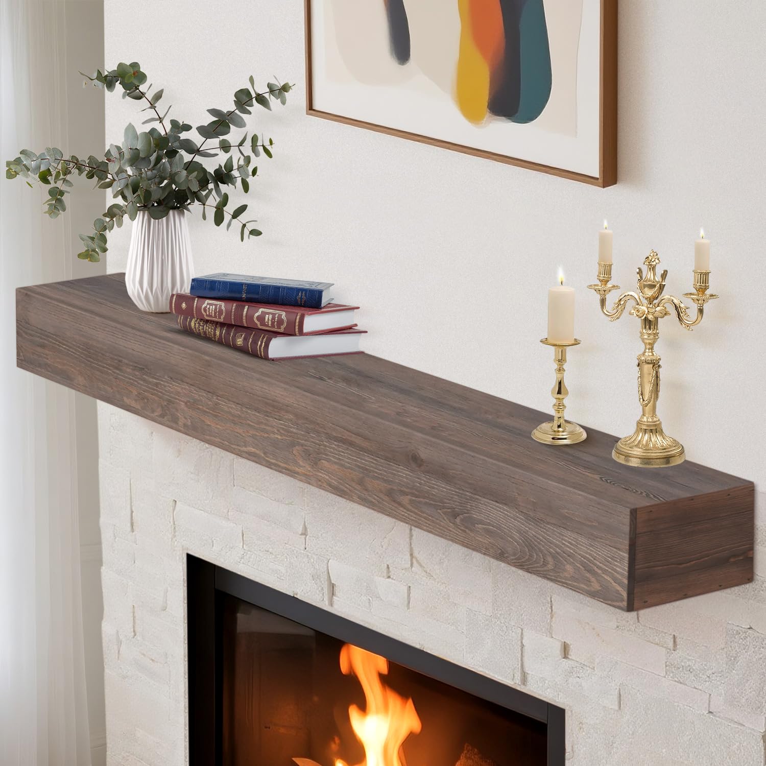 GoCampDirect Fireplace Mantle Shelf - 60×8×5Inch Handcrafted Wall Floating Mantel Shelf for Over Fireplace - Rustic Traditional Wooden Fireplace Mantels with Invisible Heavy Duty Wood Bracket - Ebony