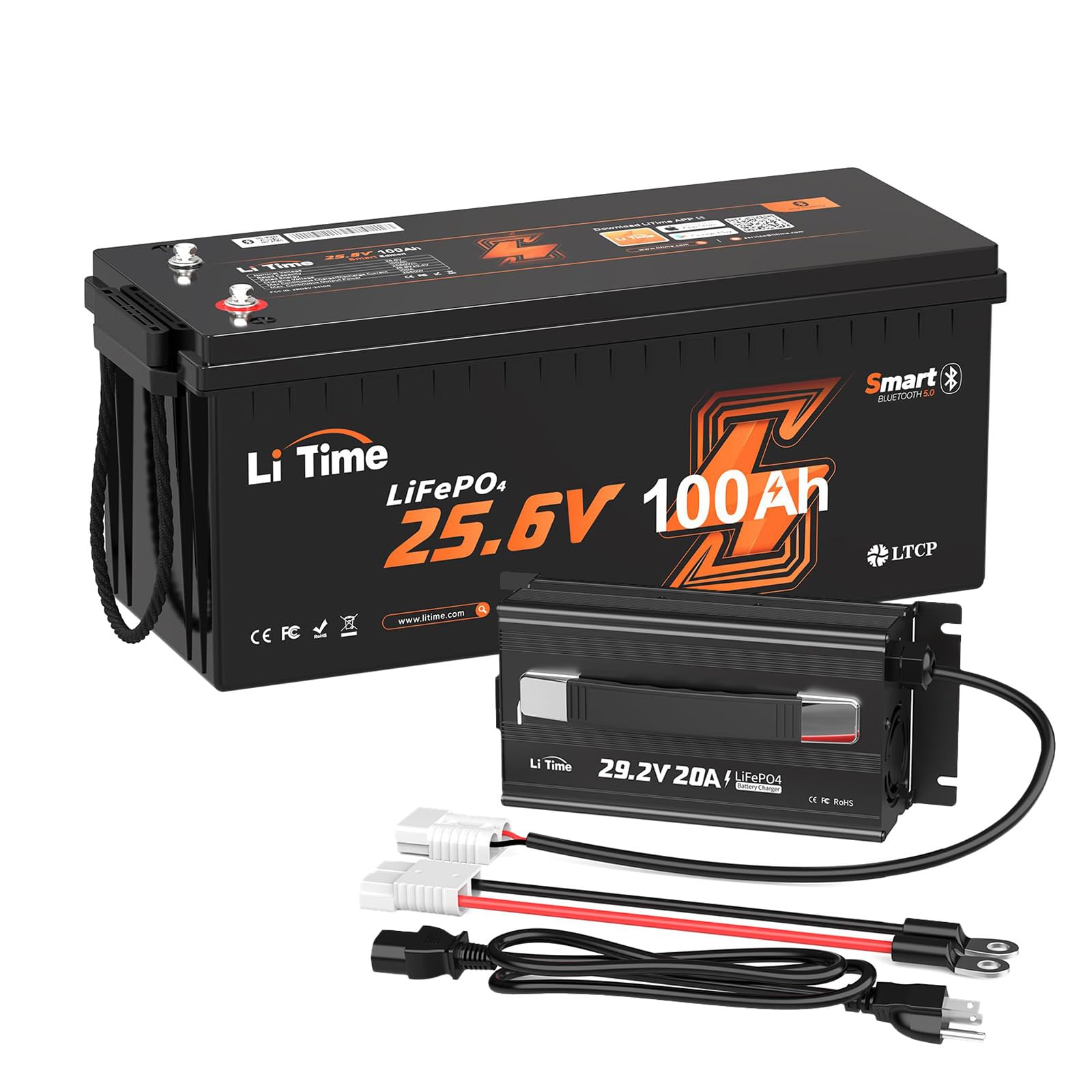 LiTime 24V 100Ah Bluetooth Lithium Battery with 20A Charger