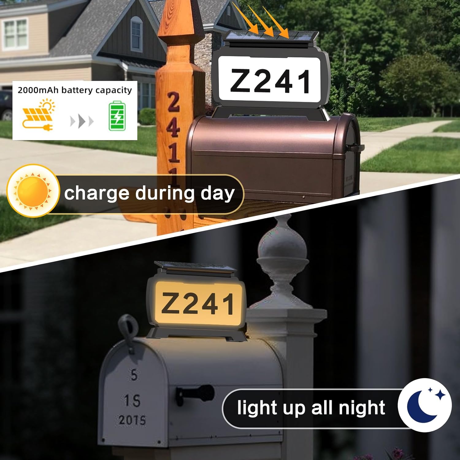 Solar Address Sign, Mailbox Numbers with 3 Mount Options, House Number Sign with 3 Color Options, IP54 Waterproof Solar House Numbers for Outside, Light on One Side, Only Lighted Plaque, Not Mailbox