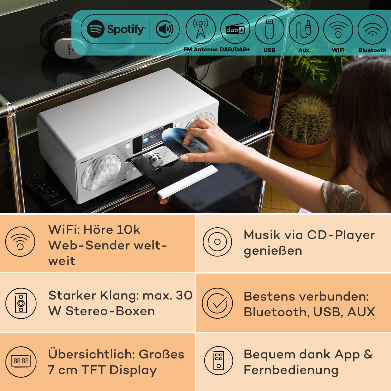 Auna Tragbares DAB Plus Radio mit CD Player, Bluetooth, DAB/DAB+/FM - Küchenradio mit TFT Display, MP3, Streaming, Digitalradio mit Wecker und Fernbedienung