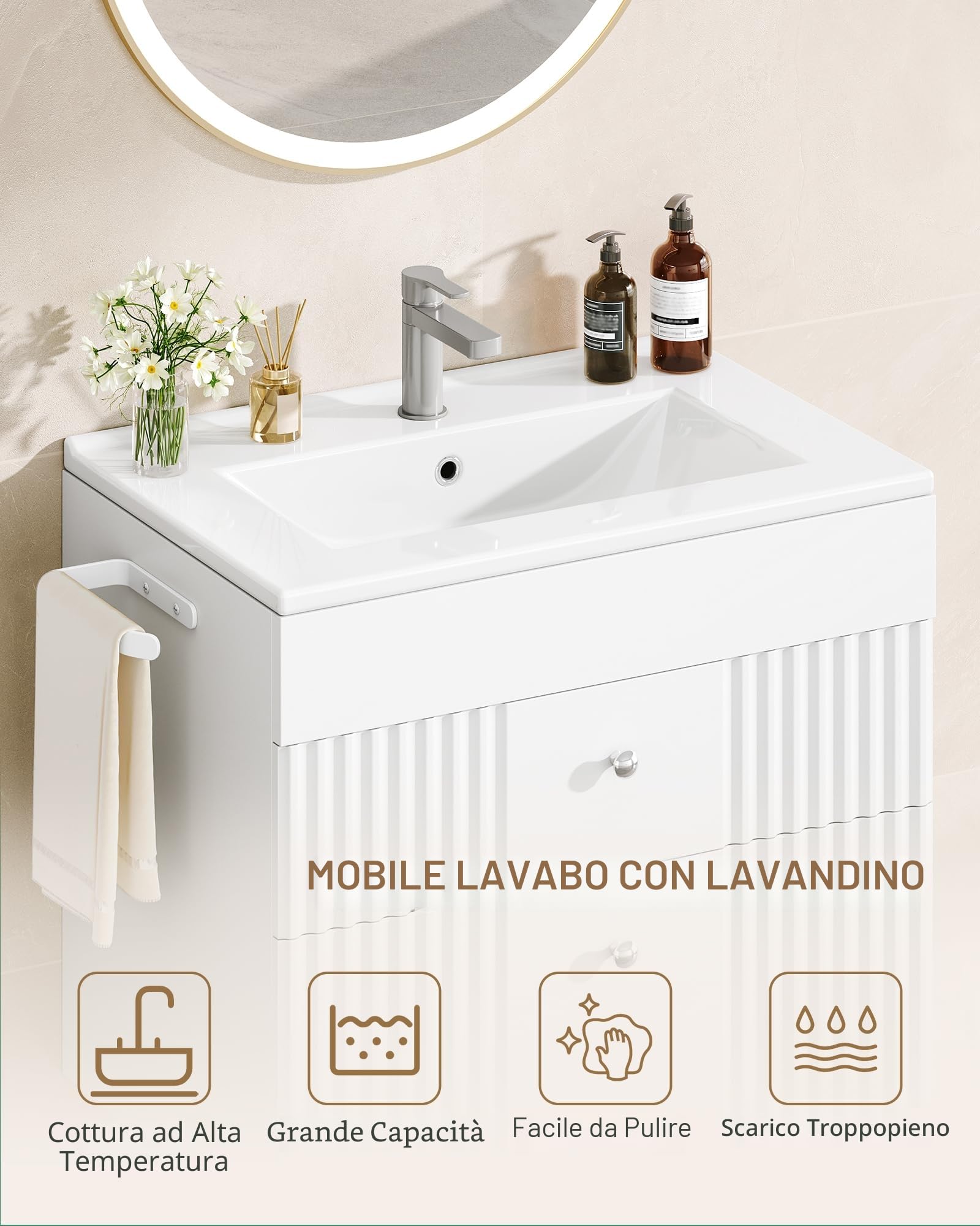 Hzuaneri Mobiletto da Bagno Sospeso a Parete, con Lavabo Integrato in Ceramica, 2 Cassetti, Portasciugamani, Mobile Bagno, Archiviazione ad Alta Capacità, 40 x 60 x 50 cm, Moderno, Bianco BC64103X