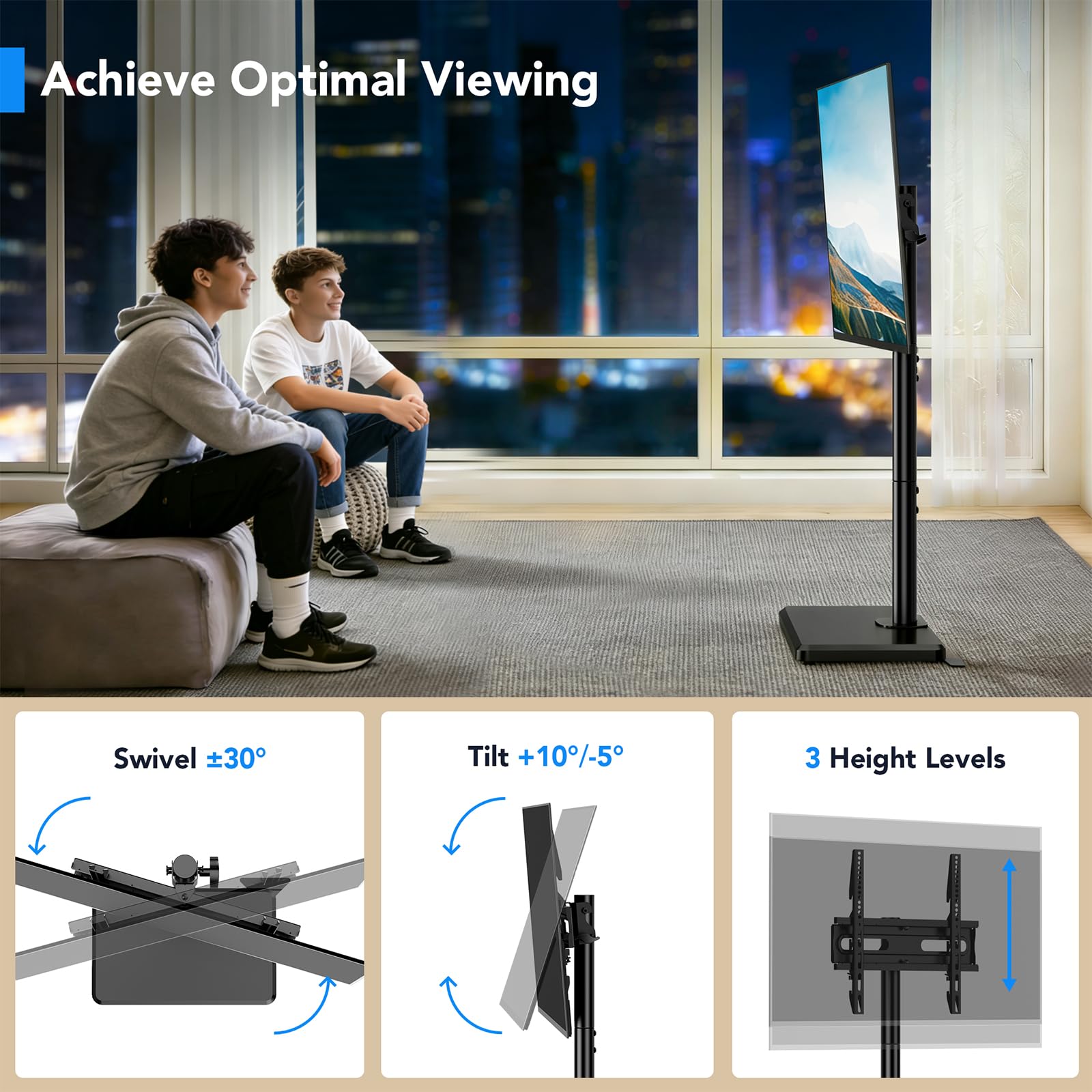 AX WABER Boden-TV-Ständer mit Halterung für 26-60-Zoll-Fernseher bis zu 77 lbs, höhenverstellbarer, schwenkbarer und neigbarer TV-Ständer mit Holzsockel, schwarz AX1012TB