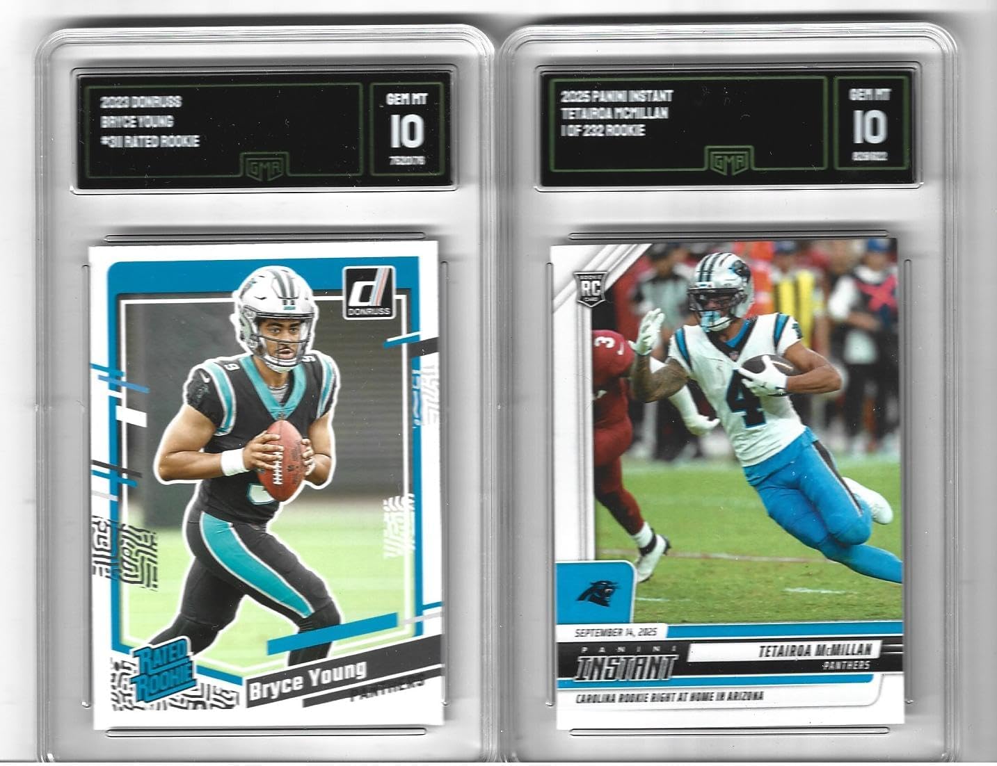 Graded Gem Mint 10 Bryce Young and Tetairoa McMillan 2 Card Football Rookie Lot Panthers Young Star Quarterback & Wide Receiver. You Wii Receive Both Cards Shown