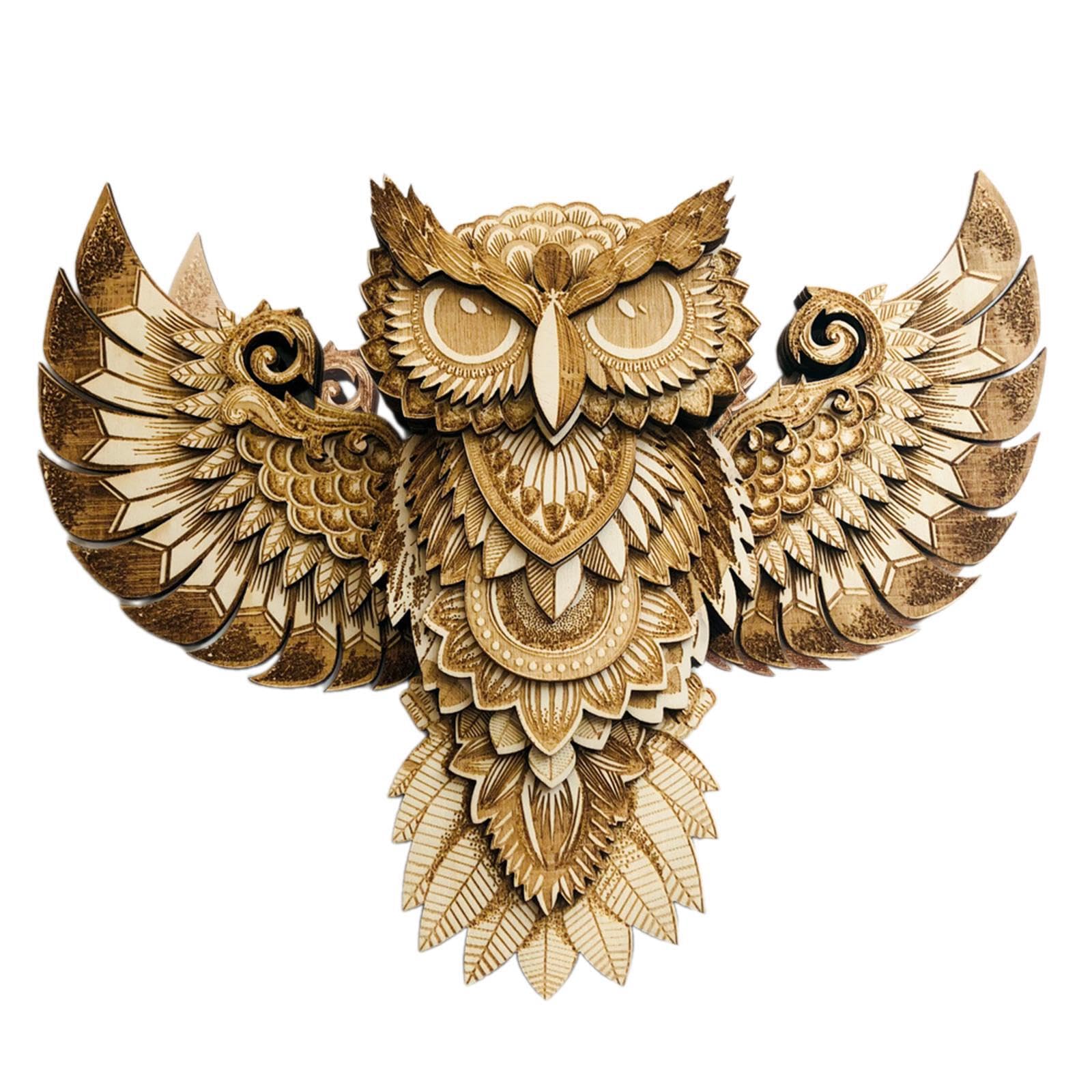 TWISAXC Rustic Owl Statue Wood Owl Wall Decor Unique Animal Sculpture Charming Hanging Decoration Bedroom Living Room Wood Wall Decor Statue Animal Sculpture, Brown, 21x16x3.5cm