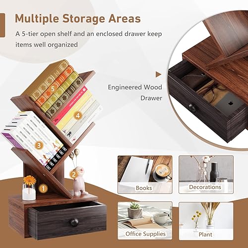 Miniatura 7 de Giantex Estantería de árbol de 5 niveles con cajón, estante de almacenamiento de libros pequeños retro independiente para lugares pequeños,