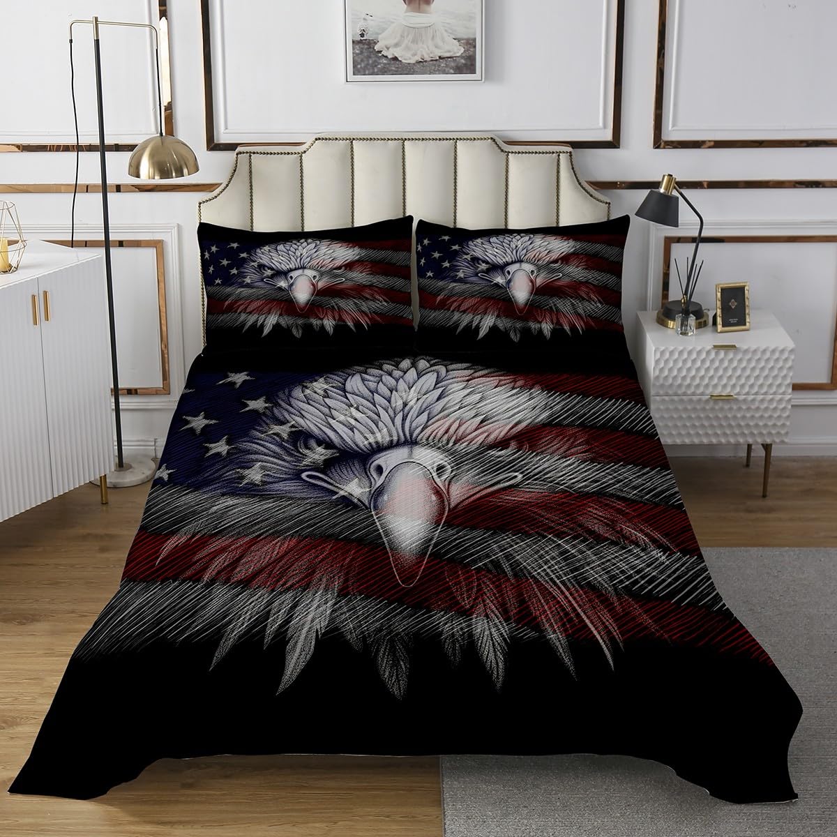 American Flag Eagle Coverlet Cute Eagle USA Flag Bedspread For Kids Children Teens Independence Eagle Day Quilt Set Black Color Quilted Bedroom Collection Bedroom Decor Bedding Set 3Pcs King Size