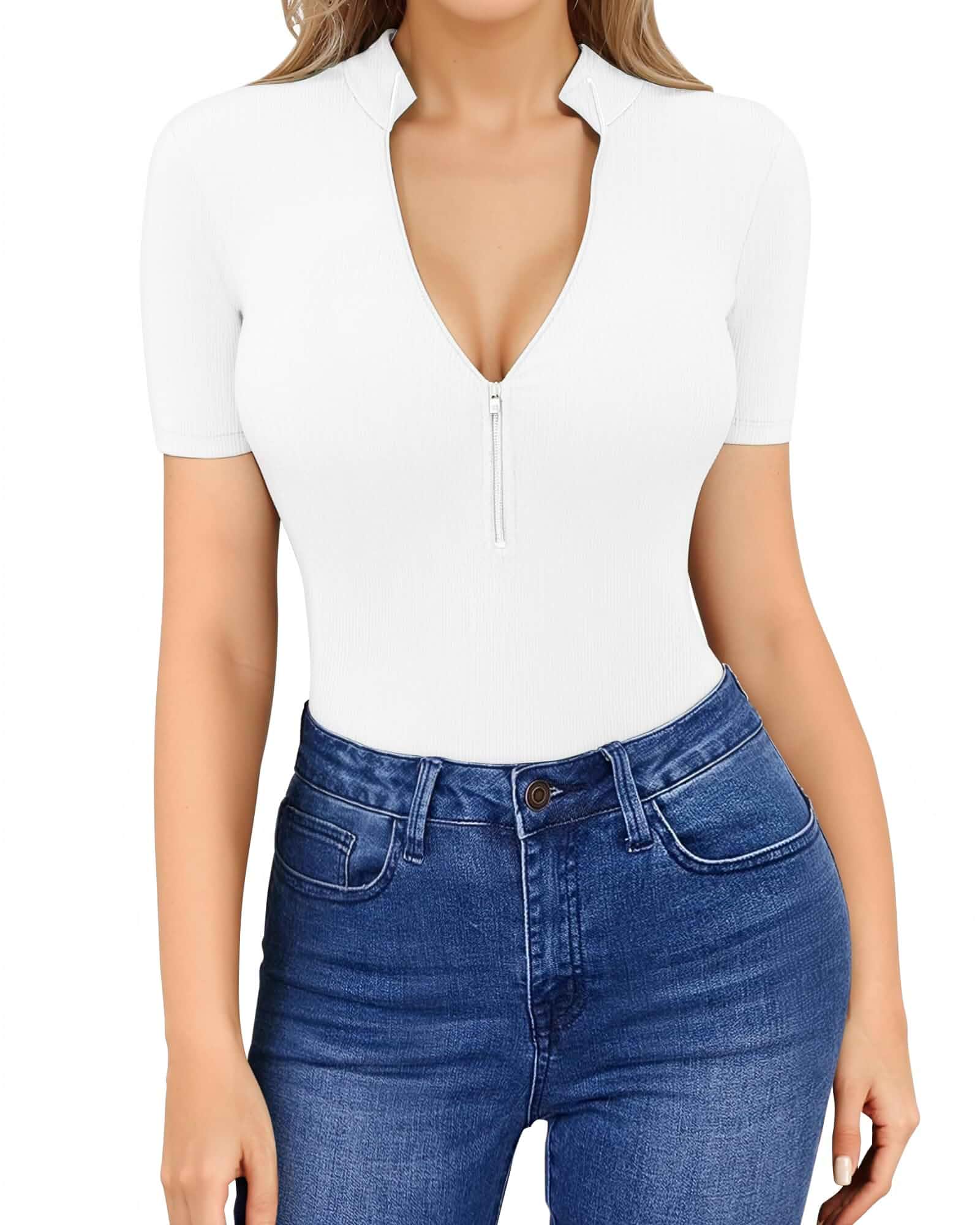 HERLOLLYCHIPS Womens Long Sleeve Top Short Sleeve V Neck Zip Up Sexy Shirts Short Sleeve Tops, Long Sleeve Shirts, Mock Neck, Turtleneck, Quarter Zip, Fall Fashion, Ribbed Casual Shirts, Going Out Tops