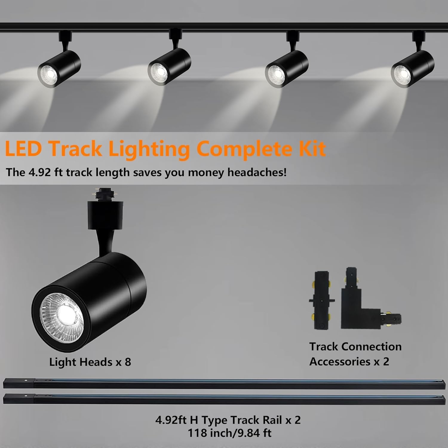Black Super-Bright H Type LED Track Lighting,4000K Natural White Adjustable Angled Track Light,8 Heads 25W 2700lm Brightness Lighting System with 9.8ft (4.92 * 2) Track Rail