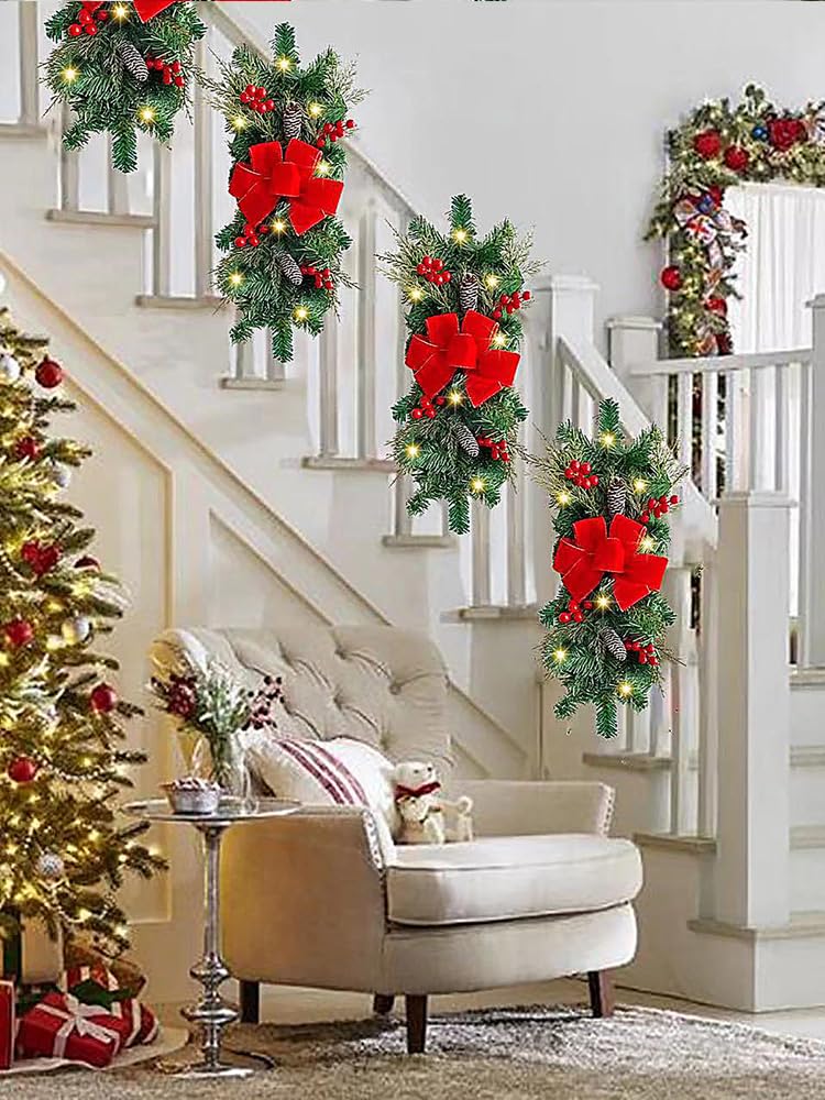 IUIBMI 17.7 inch Prelit Christmas Teardrop Swags Christmas Stair Swag Decorations with Bowknot and Red Berries Hanging Pendant Stair Swags for Front Door Stair Home Decor (Christmas